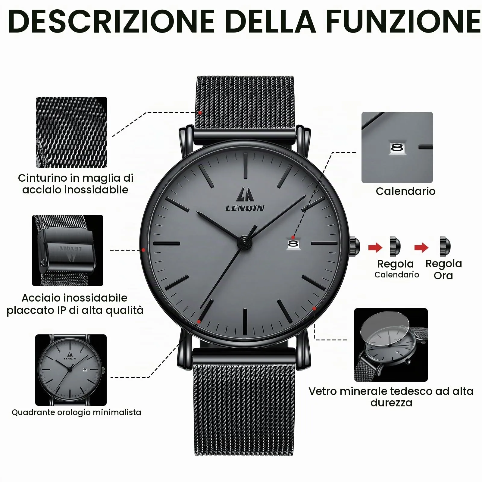 LN LENQIN Orologio Uomo Analogico Quarzo in Acciaio Inossidabile Impermeabile Business - immagine 7