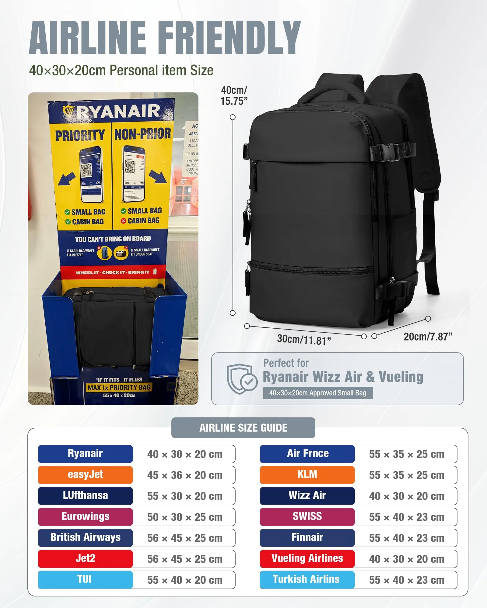 BJLFS Zaino da Viaggio Sottovuoto 40x30x20 Ryanair Wizzair - immagine 2