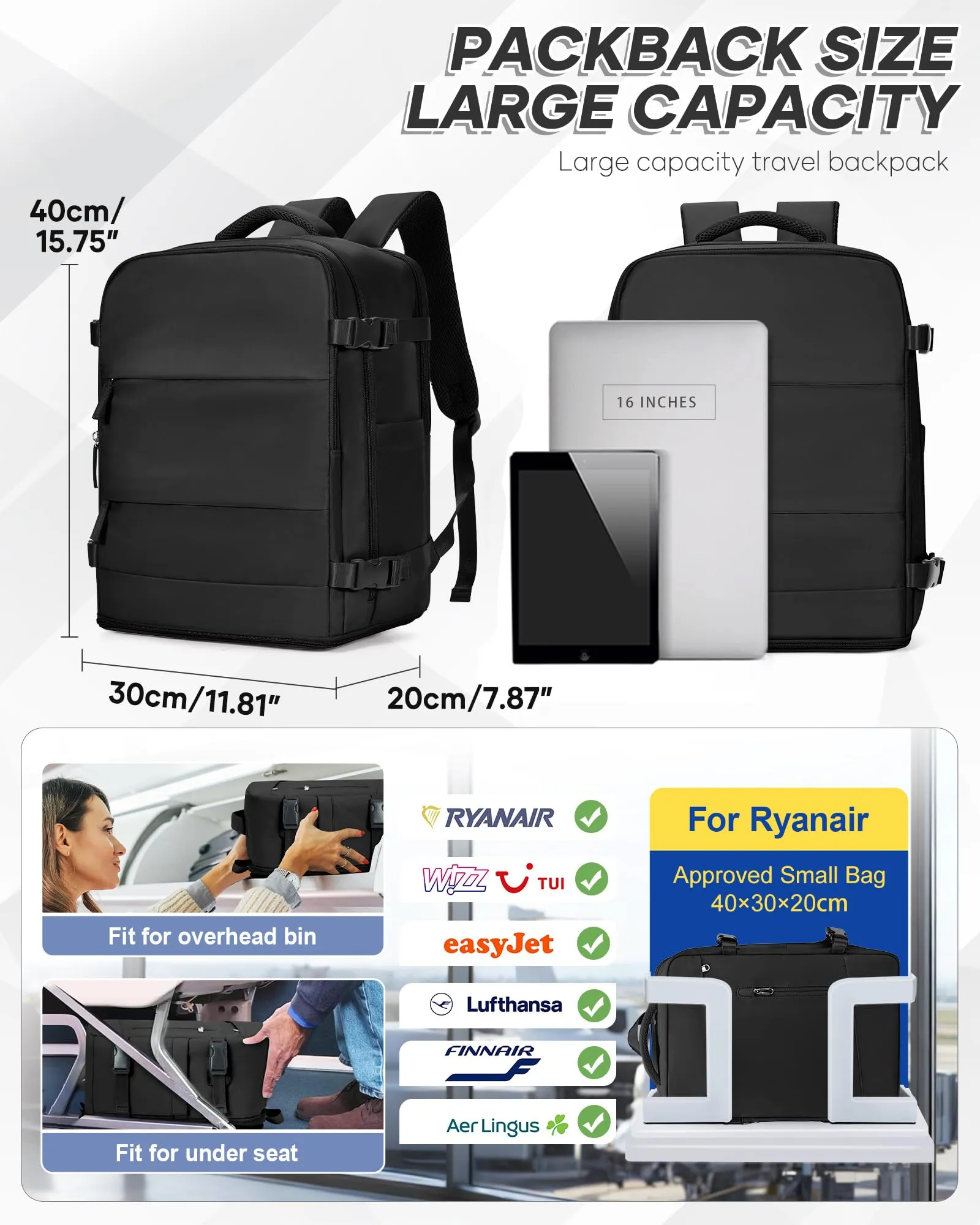 BJLFS Zaino da Viaggio Sottovuoto Ryanair Wizzair 40x30x20 cm - immagine 2
