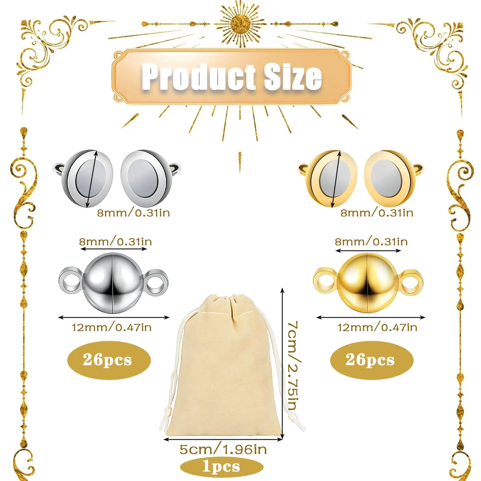 MAXMURYS Chiusure Magnetiche per Braccialetti e Collane, Set da 52 Pezzi (26 Dorate e 26 Argentate), 8mm - immagine 2