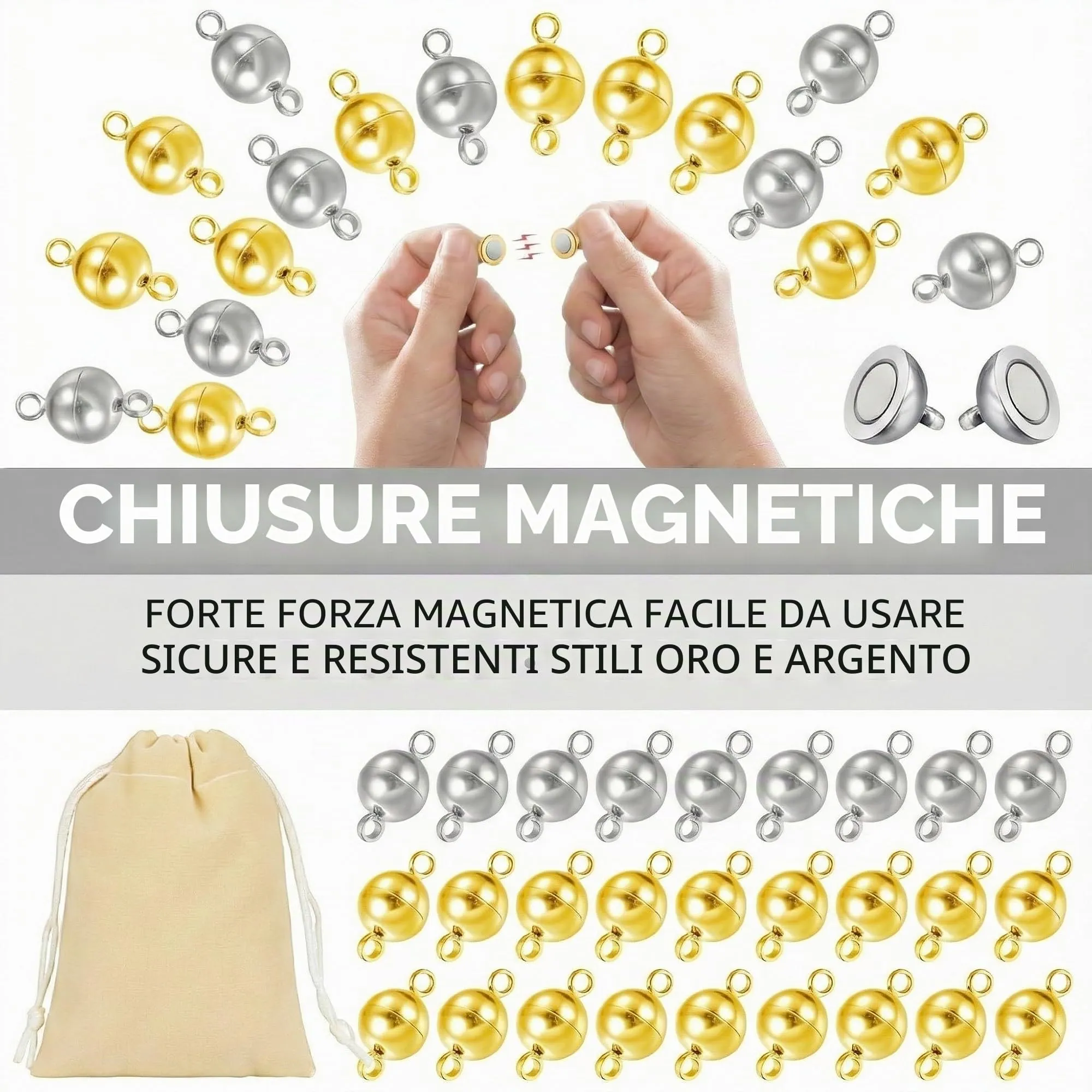 MAXMURYS Chiusure Magnetiche per Braccialetti e Collane, Set da 52 Pezzi (26 Dorate e 26 Argentate), 8mm - immagine 4