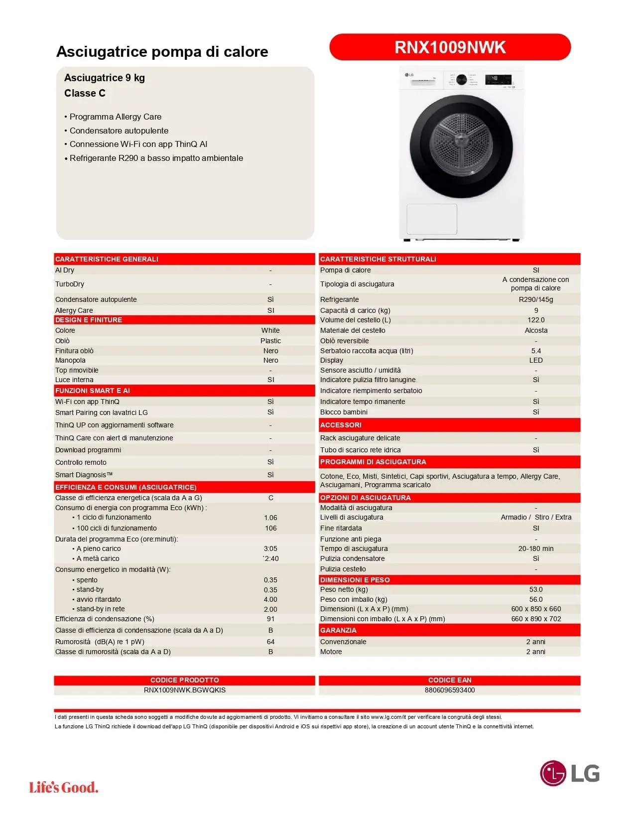 LG RNX1009NWK Asciugatrice 9 kg a Pompa di Calore Wi-Fi Bianco - immagine 14