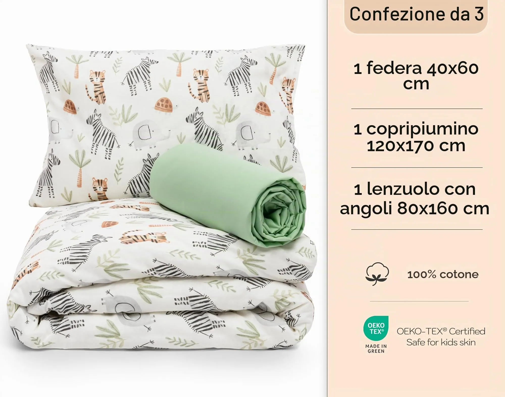 Lovely Hippo Set Letto 80x160cm 3 Pezzi Savana: Lenzuolo con Angoli 80x160cm, Copripiumino 120x170cm, Federa 40x60cm, 100% Cotone - immagine 3