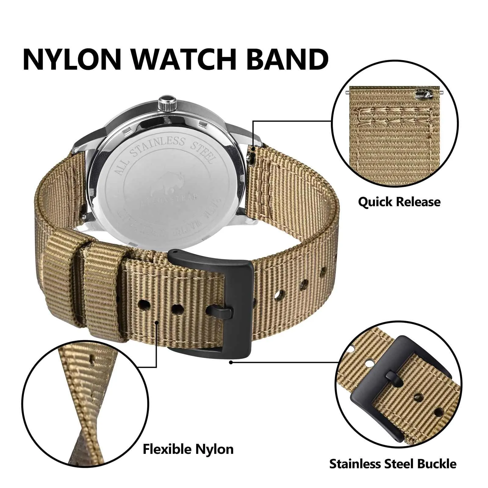 BISONSTRAP Cinturino in Nylon da Uomo per Orologi Militari, Sgancio Rapido, 24mm, Kaki (Fibbia Nera) - immagine 4