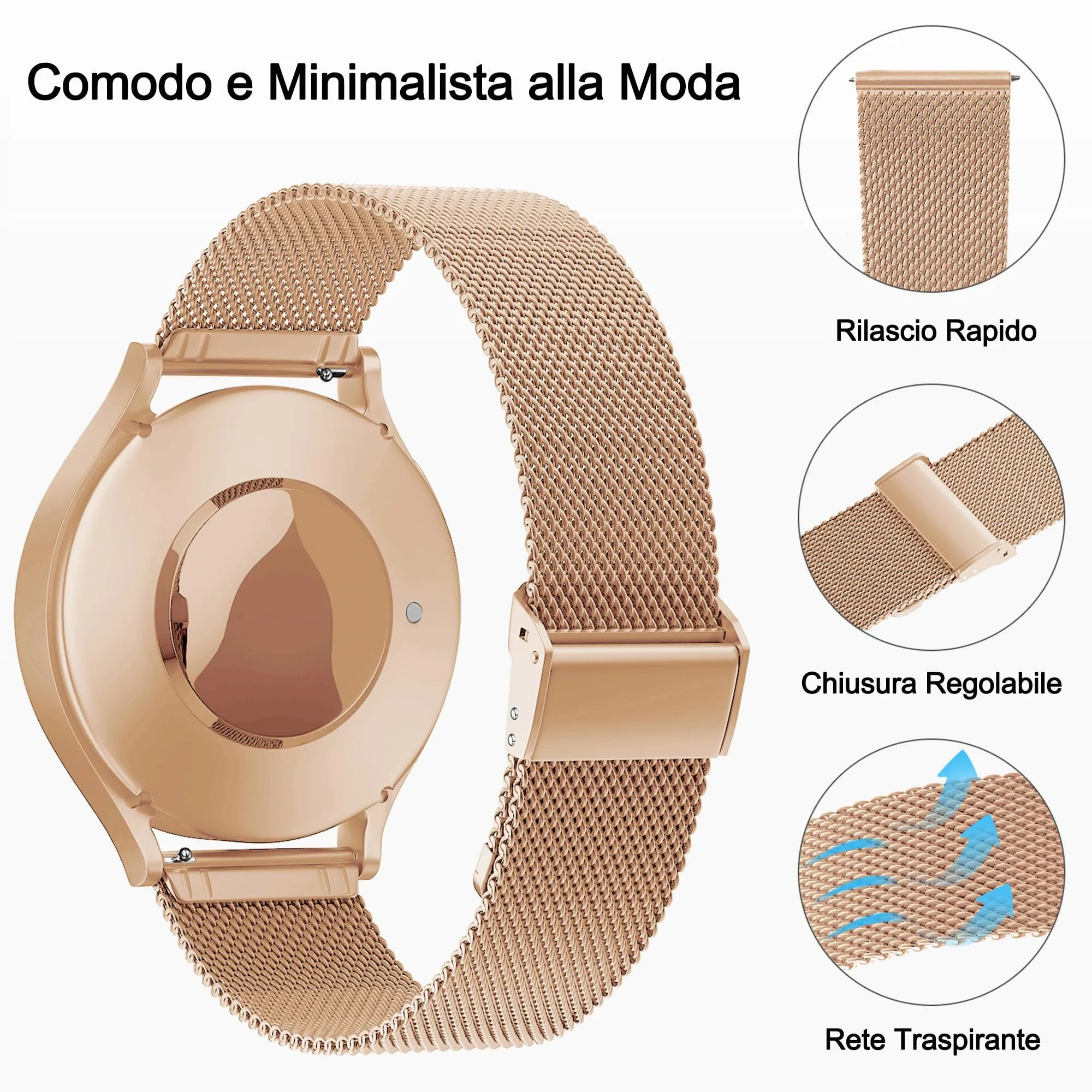 AidorMax Cinturino 22 mm in Acciaio Inossidabile a Maglia, Regolabile a Sgancio Rapido, Oro Rosa - immagine 4