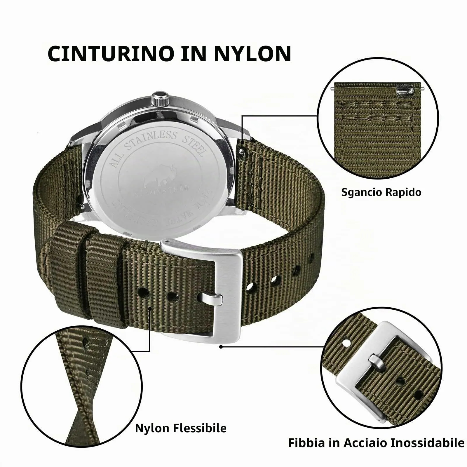 BISONSTRAP Cinturino in Nylon da Uomo per Orologi Militari, Sgancio Rapido, 19mm, Verde Militare (Fibbia Argento) - immagine 4