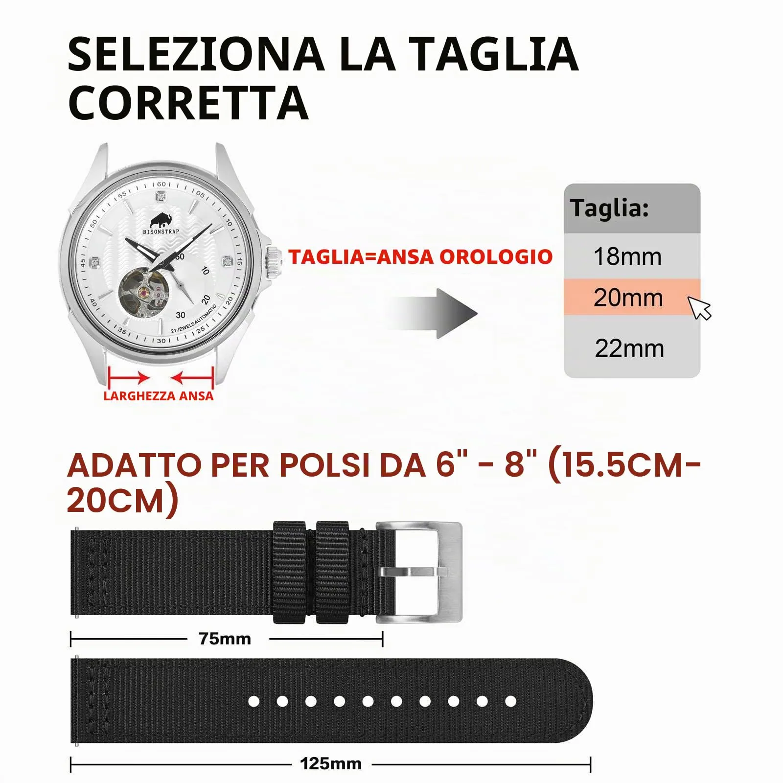 BISONSTRAP Cinturino in Nylon da Uomo per Orologi Militari, Sgancio Rapido, Fibbia Spazzolata, 19mm, Nero (Fibbia Argento) - immagine 5
