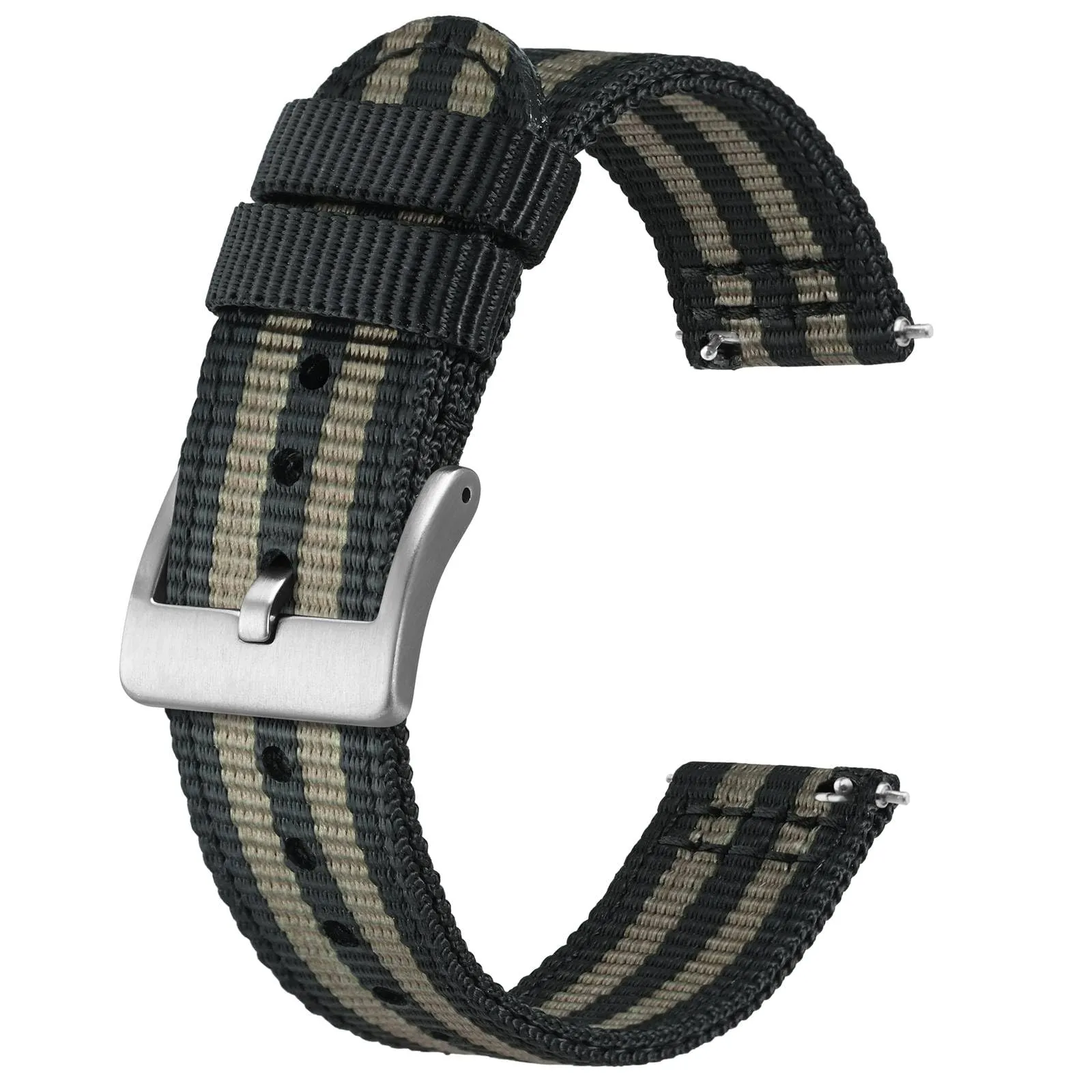 BISONSTRAP Cinturino in Nylon da Uomo per Orologi Militari, Sgancio Rapido, Fibbia Spazzolata, 24mm, Nero+Grigio (Fibbia Argento) - immagine 1