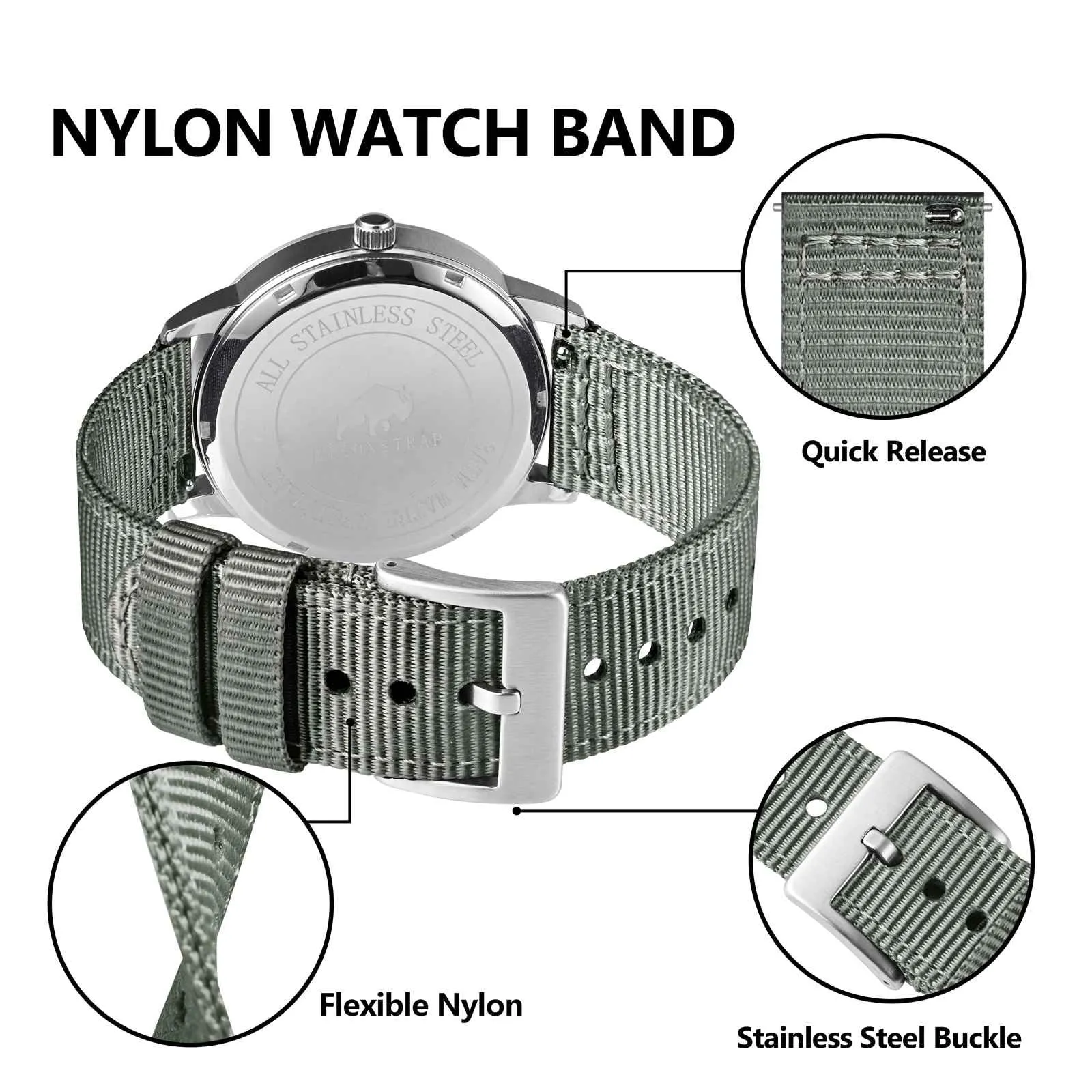 BISONSTRAP Cinturino in Nylon per Orologi Militari, Sgancio Rapido, Fibbia Spazzolata, 24mm, Grigio (Fibbia Argento) - immagine 4