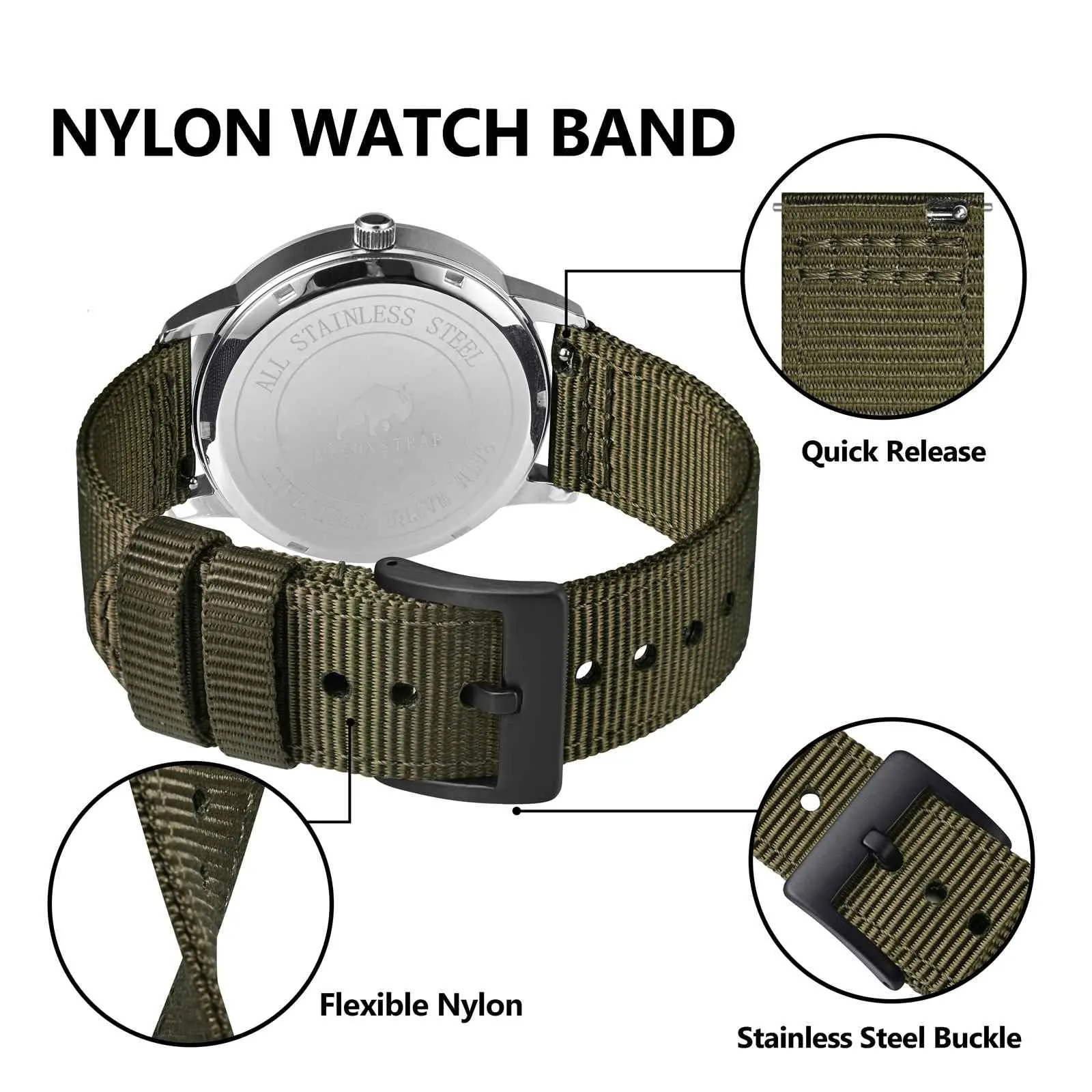BISONSTRAP Cinturino in Nylon da Uomo per Orologi Militari, Sgancio Rapido, 20mm, Verde Militare (Fibbia Nera) - immagine 4