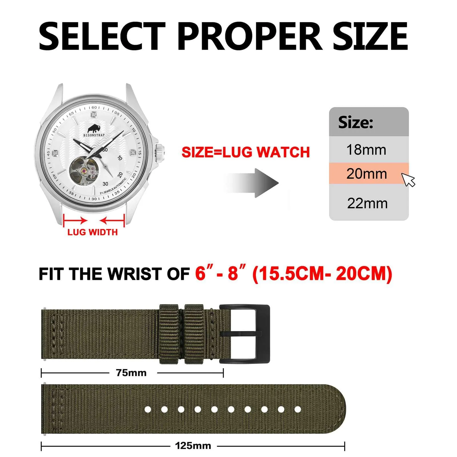 BISONSTRAP Cinturino in Nylon da Uomo per Orologi Militari, Sgancio Rapido, 20mm, Verde Militare (Fibbia Nera) - immagine 5