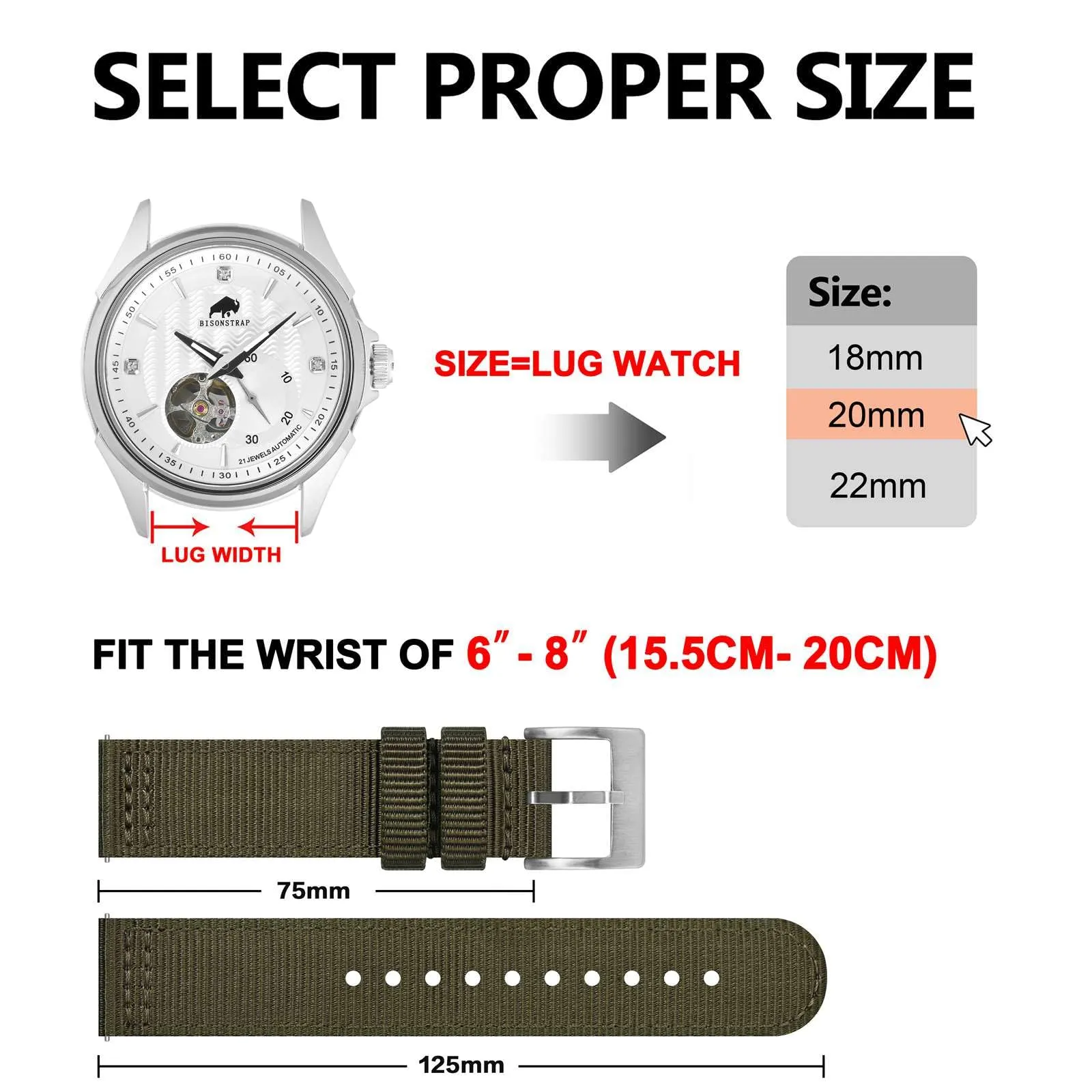 BISONSTRAP Cinturino in Nylon da Uomo per Orologi Militari, Sgancio Rapido, 20mm, Verde Militare (Fibbia Argento) - immagine 5