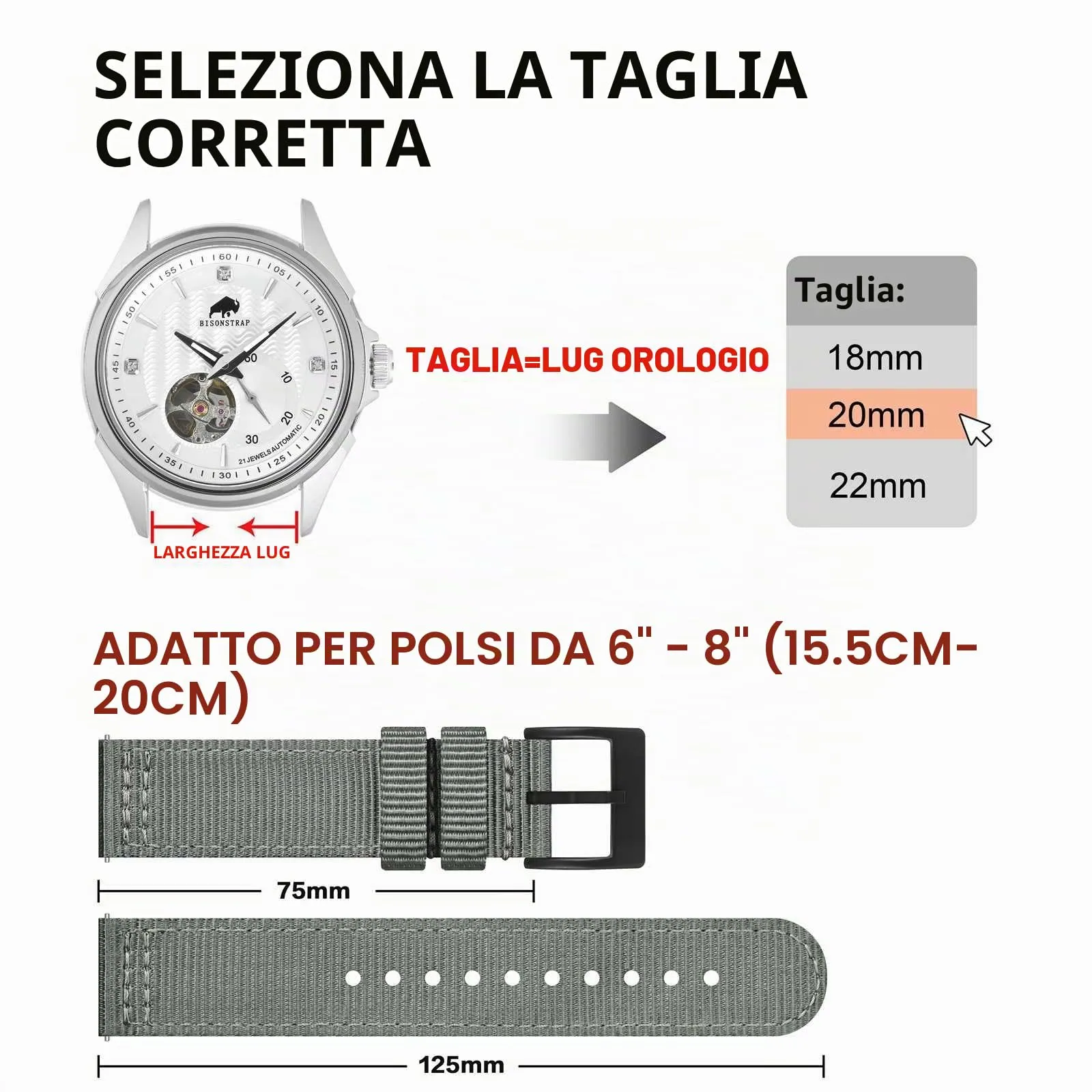 BISONSTRAP Cinturino in Nylon per Orologi Militari, Sgancio Rapido, 20mm, Grigio (Fibbia Nera) - immagine 5