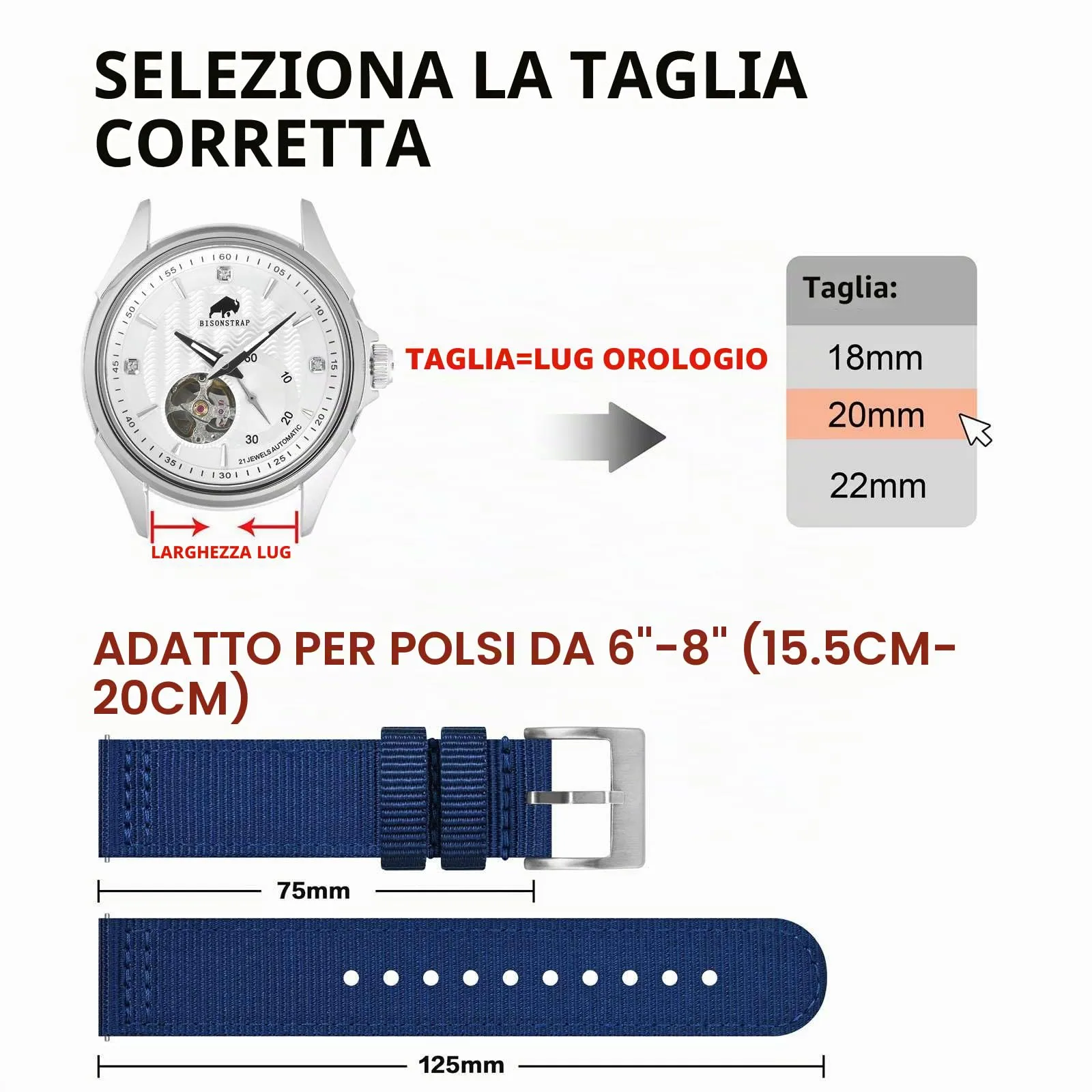 BISONSTRAP Cinturino in Nylon da Uomo per Orologi Militari, Sgancio Rapido, Fibbia Spazzolata, 20mm, Blu (Fibbia Argento) - immagine 5