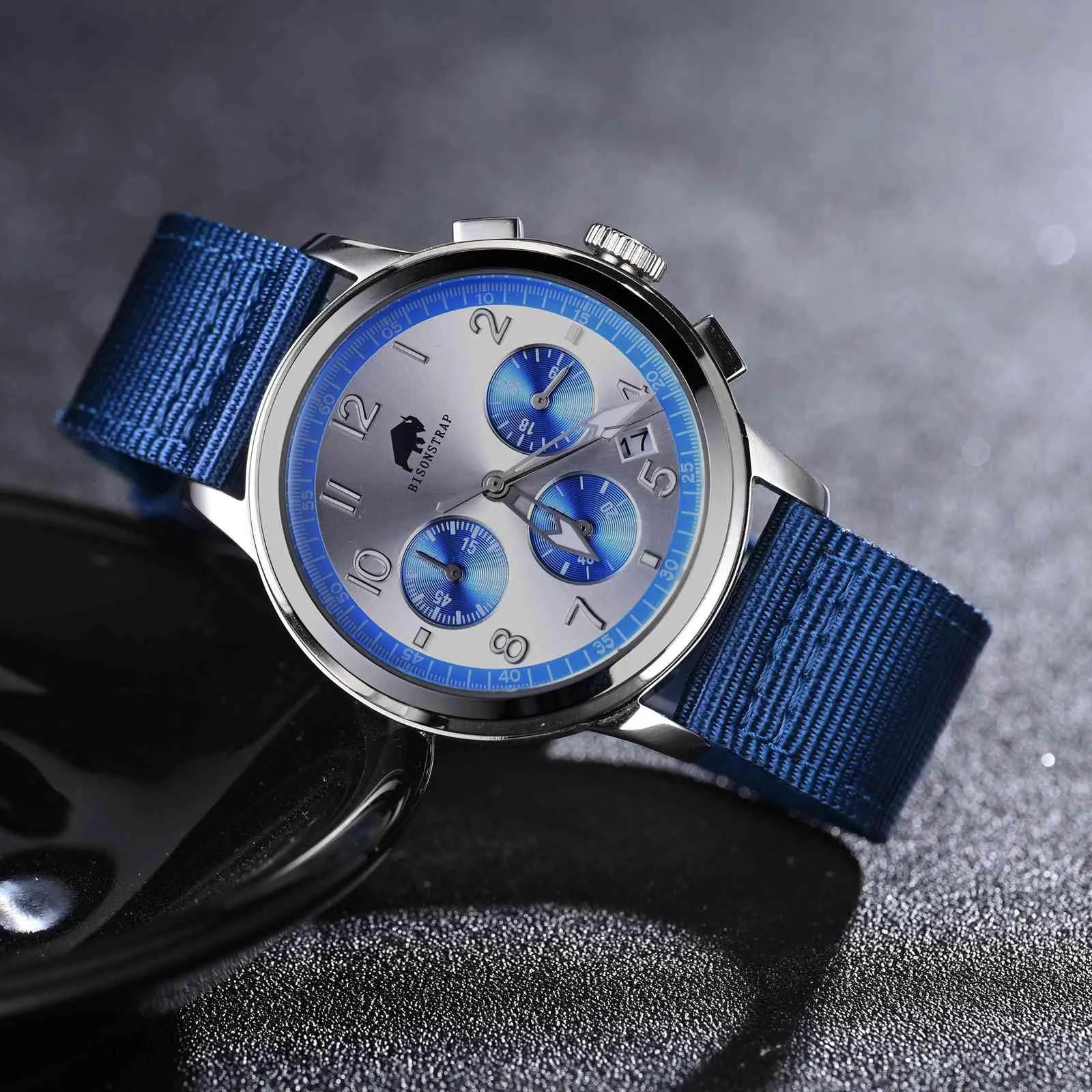 BISONSTRAP Cinturino in Nylon da Uomo per Orologi Militari, Sgancio Rapido, Fibbia Spazzolata, 20mm, Blu (Fibbia Argento) - immagine 6