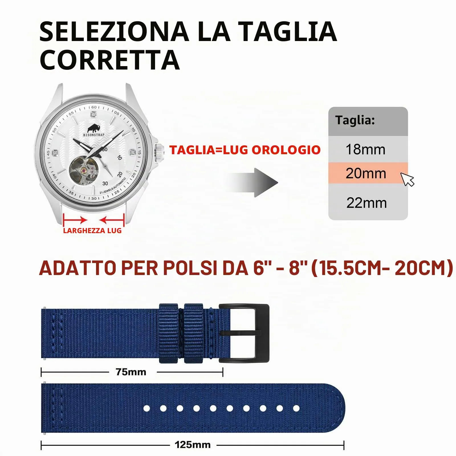 BISONSTRAP Cinturino in Nylon per Orologi Militari, Sgancio Rapido, Fibbia Spazzolata, 18mm, Blu (Fibbia Nera) - immagine 5