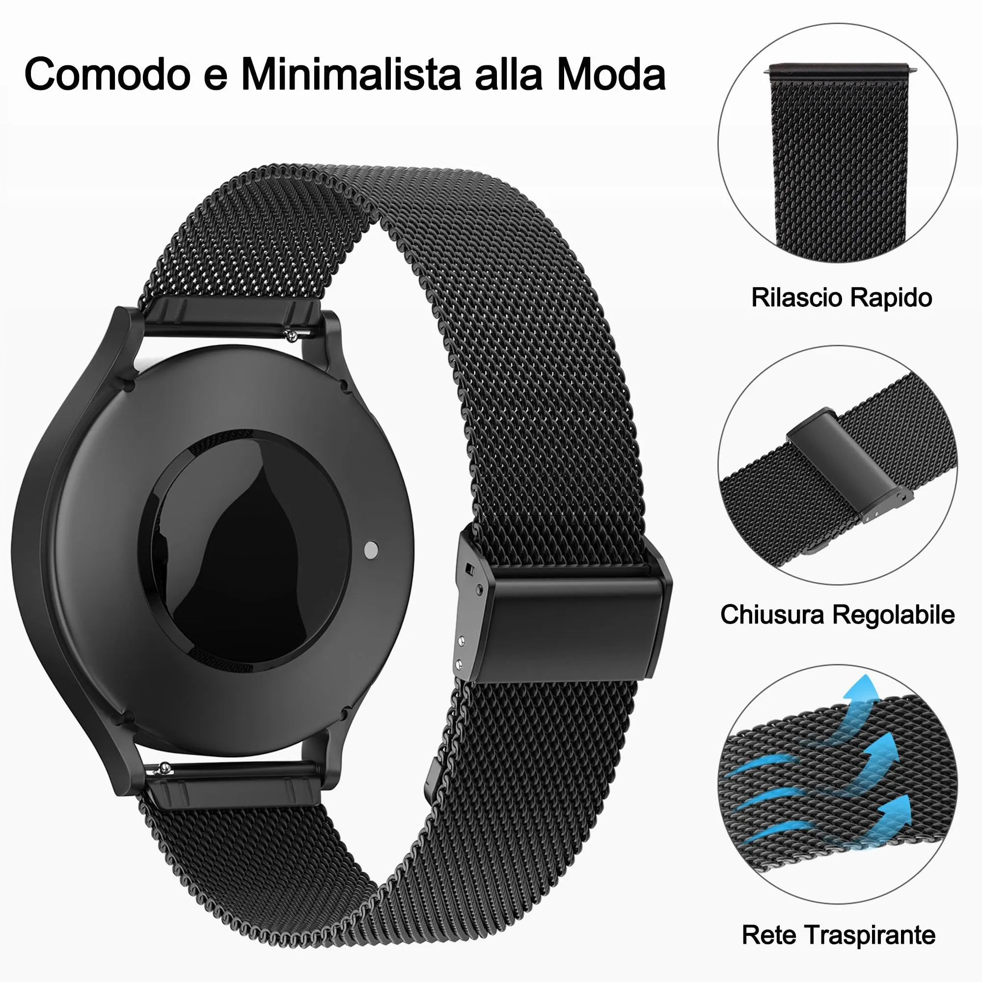 AidorMax Cinturino in Acciaio Inossidabile a Maglia Sottile 20 mm, Regolabile a Sgancio Rapido, Nero - immagine 4