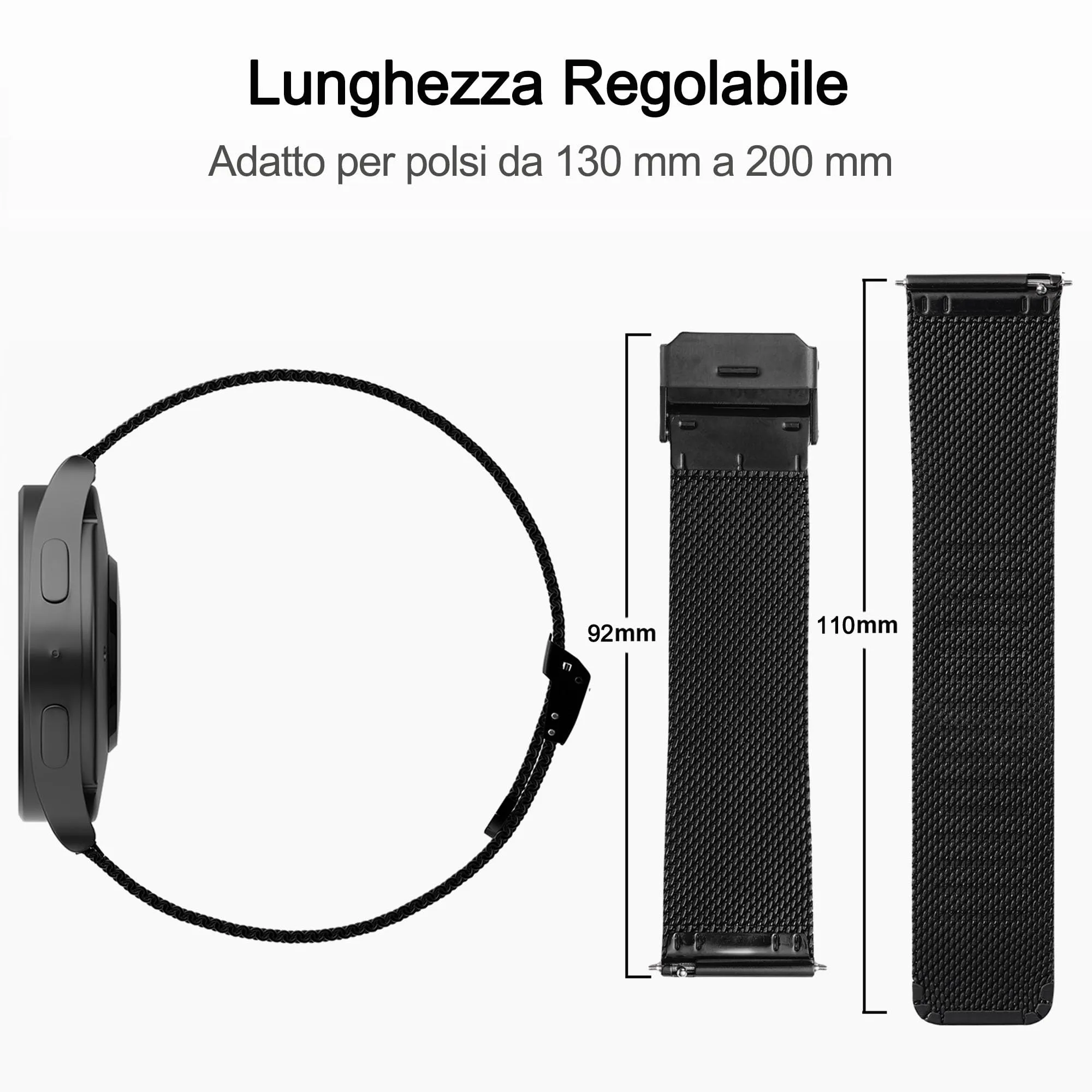 AidorMax Cinturino in Acciaio Inossidabile a Maglia Sottile 20 mm, Regolabile a Sgancio Rapido, Nero - immagine 7