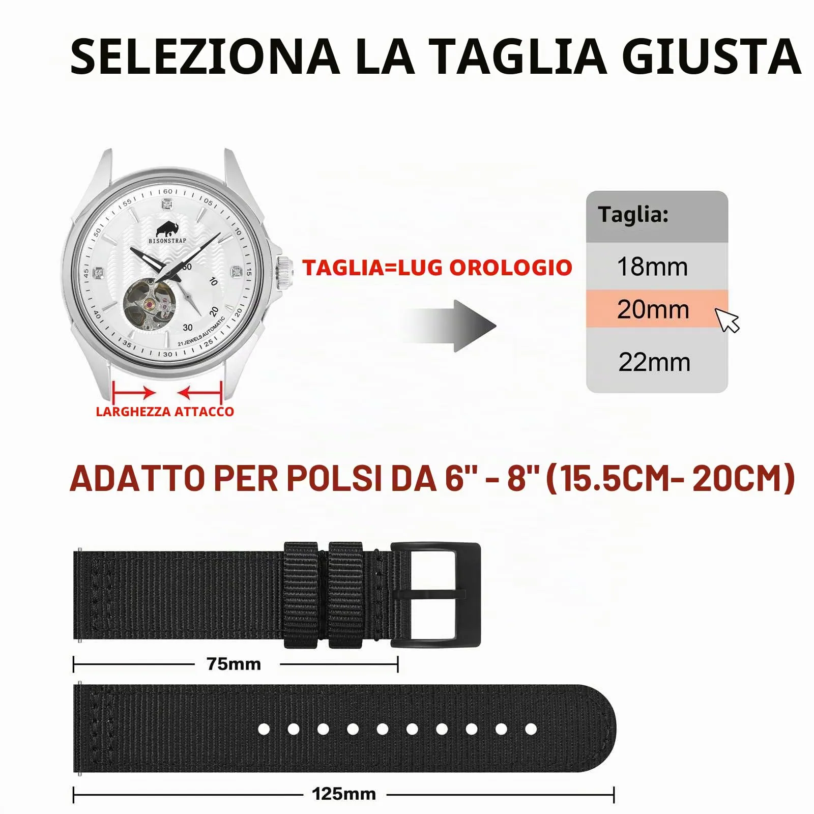 BISONSTRAP Cinturino in Nylon da Uomo per Orologi Militari, Sgancio Rapido, 24mm, Nero (Fibbia Nera) - immagine 5