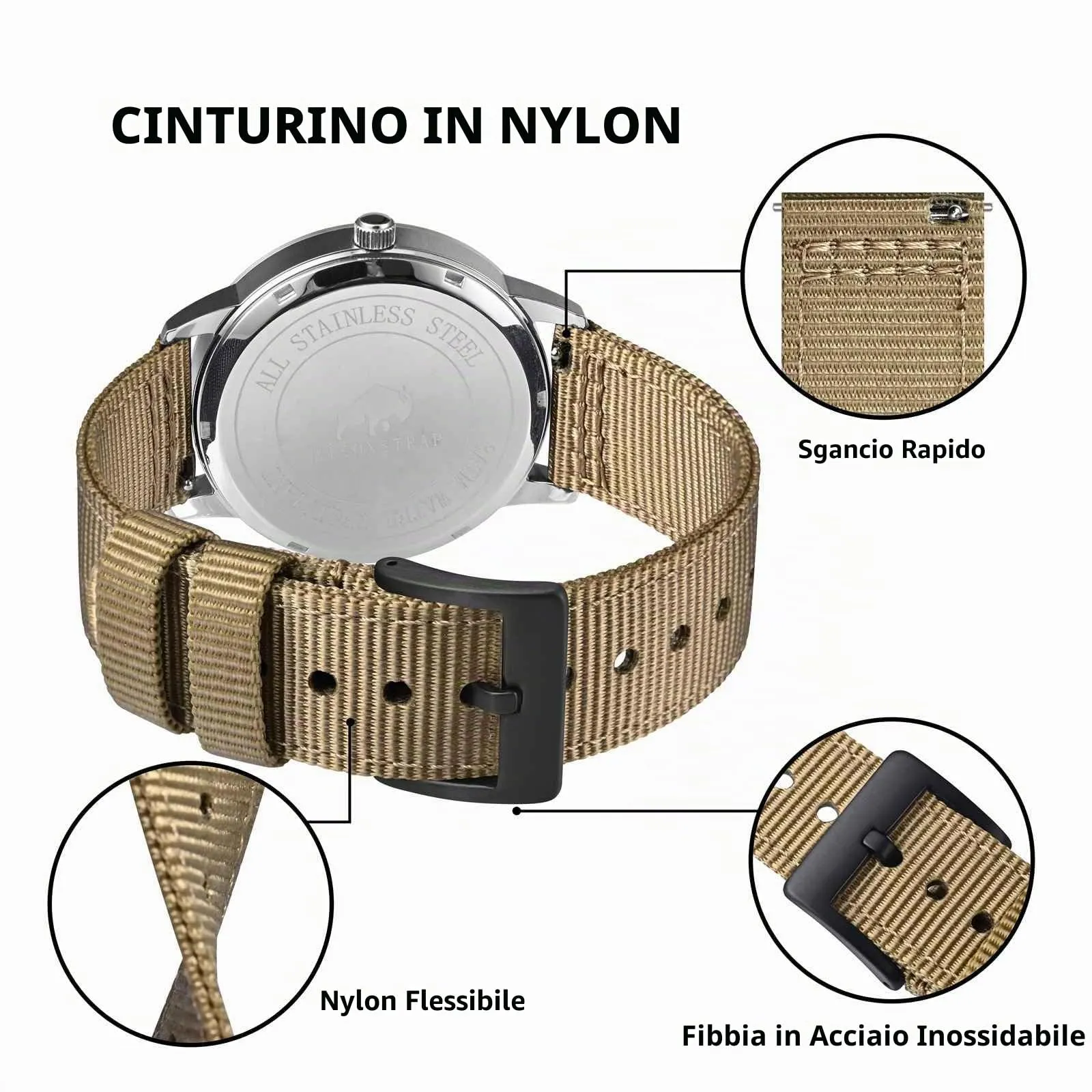 BISONSTRAP Cinturino in Nylon da Uomo per Orologi Militari, Sgancio Rapido, Fibbia Spazzolata, 20mm, Kaki (Fibbia Nera) - immagine 4