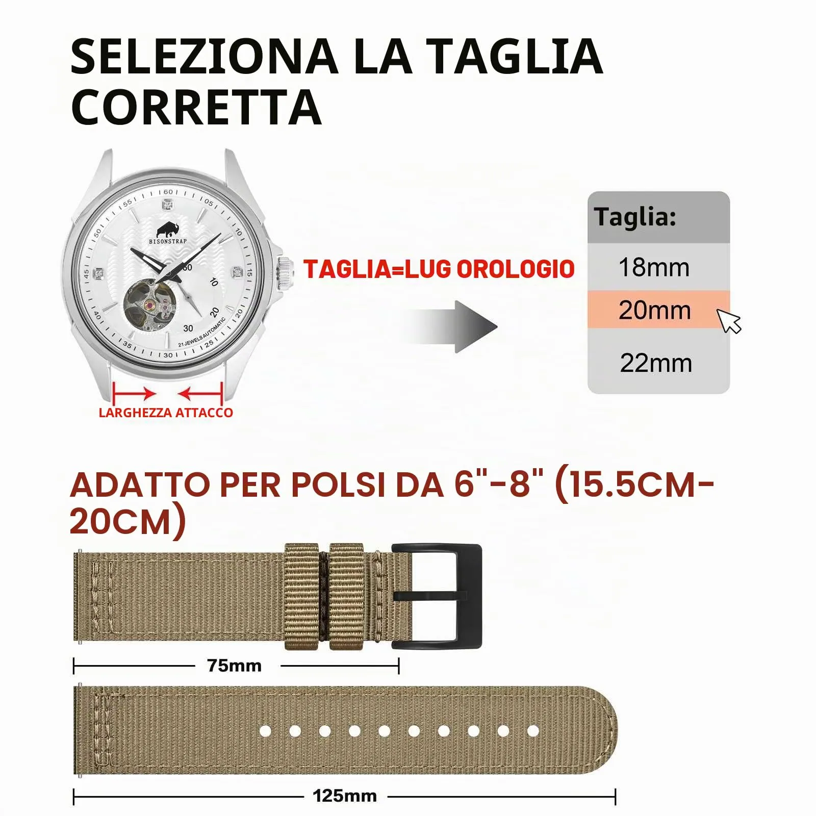BISONSTRAP Cinturino in Nylon da Uomo per Orologi Militari, Sgancio Rapido, Fibbia Spazzolata, 20mm, Kaki (Fibbia Nera) - immagine 5