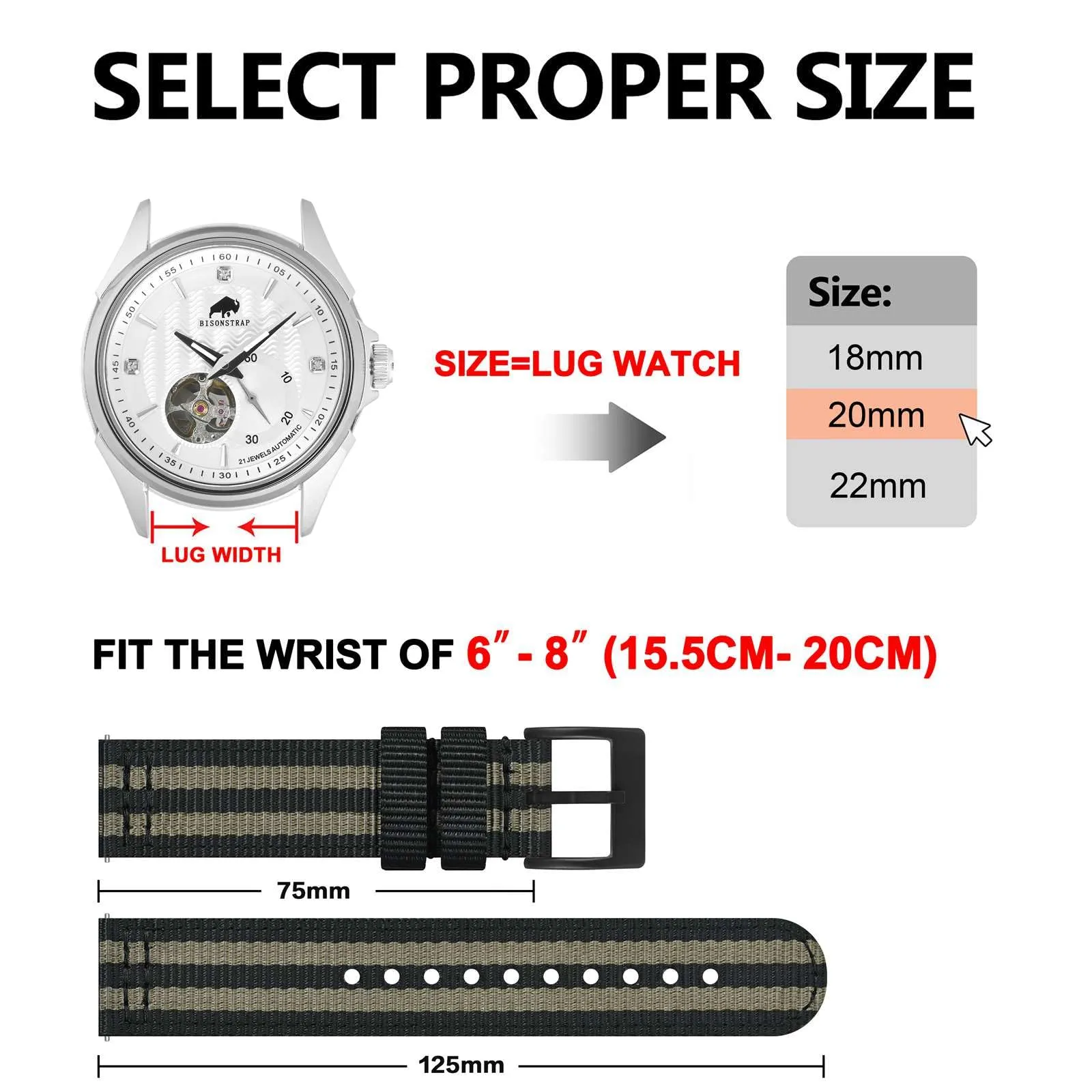 BISONSTRAP Cinturino in Nylon per Orologi Militari, Sgancio Rapido, 19mm, Nero+Grigio (Fibbia Nera) - immagine 5
