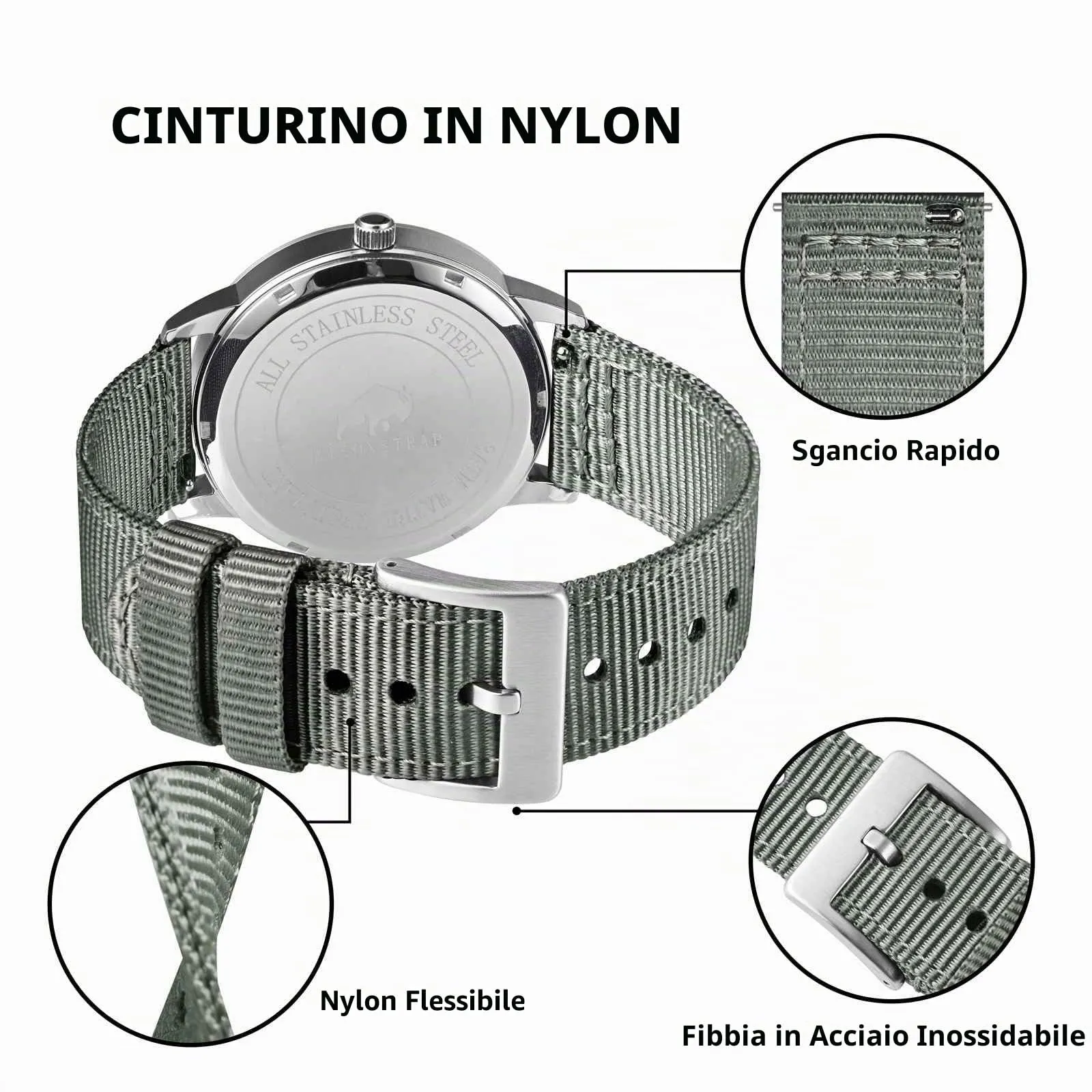 BISONSTRAP Cinturino in Nylon da Uomo per Orologi Militari, Sgancio Rapido, 22mm, Grigio (Fibbia Argento) - immagine 4