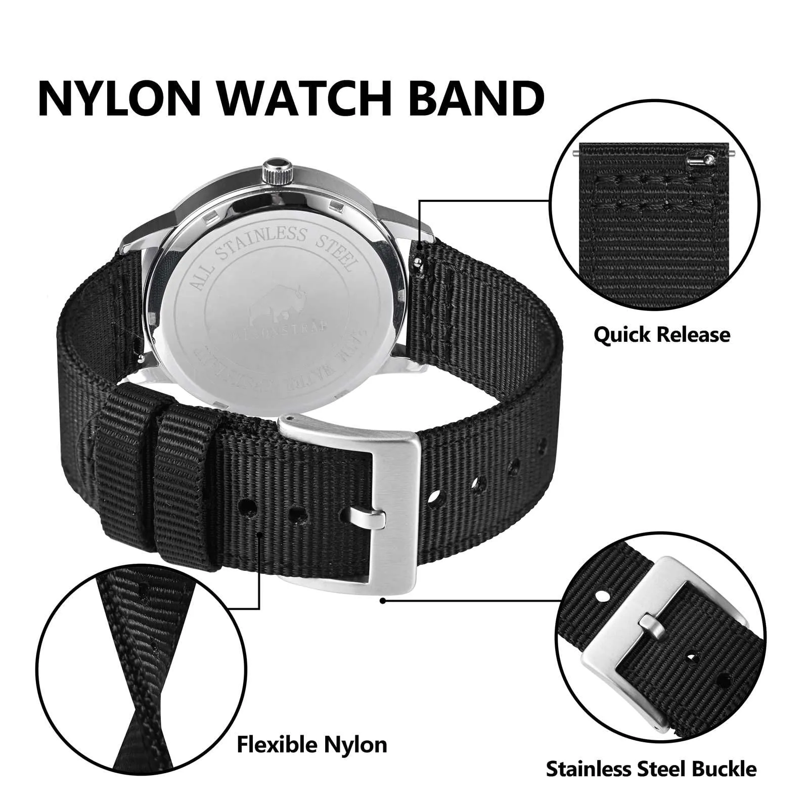 BISONSTRAP Cinturino in Nylon per Orologi Militari, Sgancio Rapido, Fibbia Spazzolata, 24mm, Nero (Fibbia Argento) - immagine 4