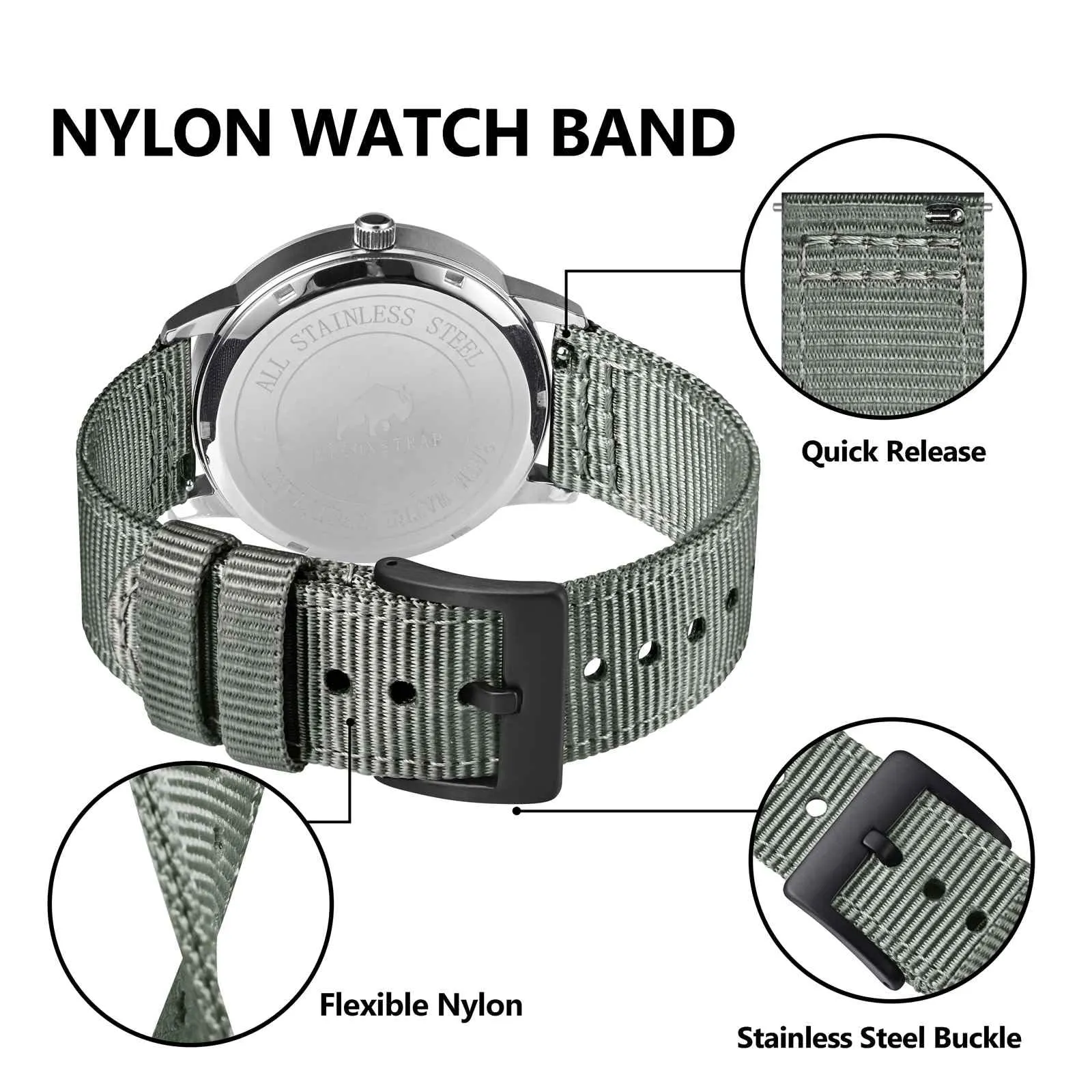 BISONSTRAP Cinturino in Nylon per Orologi Militari, Sgancio Rapido, 18mm, Grigio (Fibbia Nera) - immagine 4