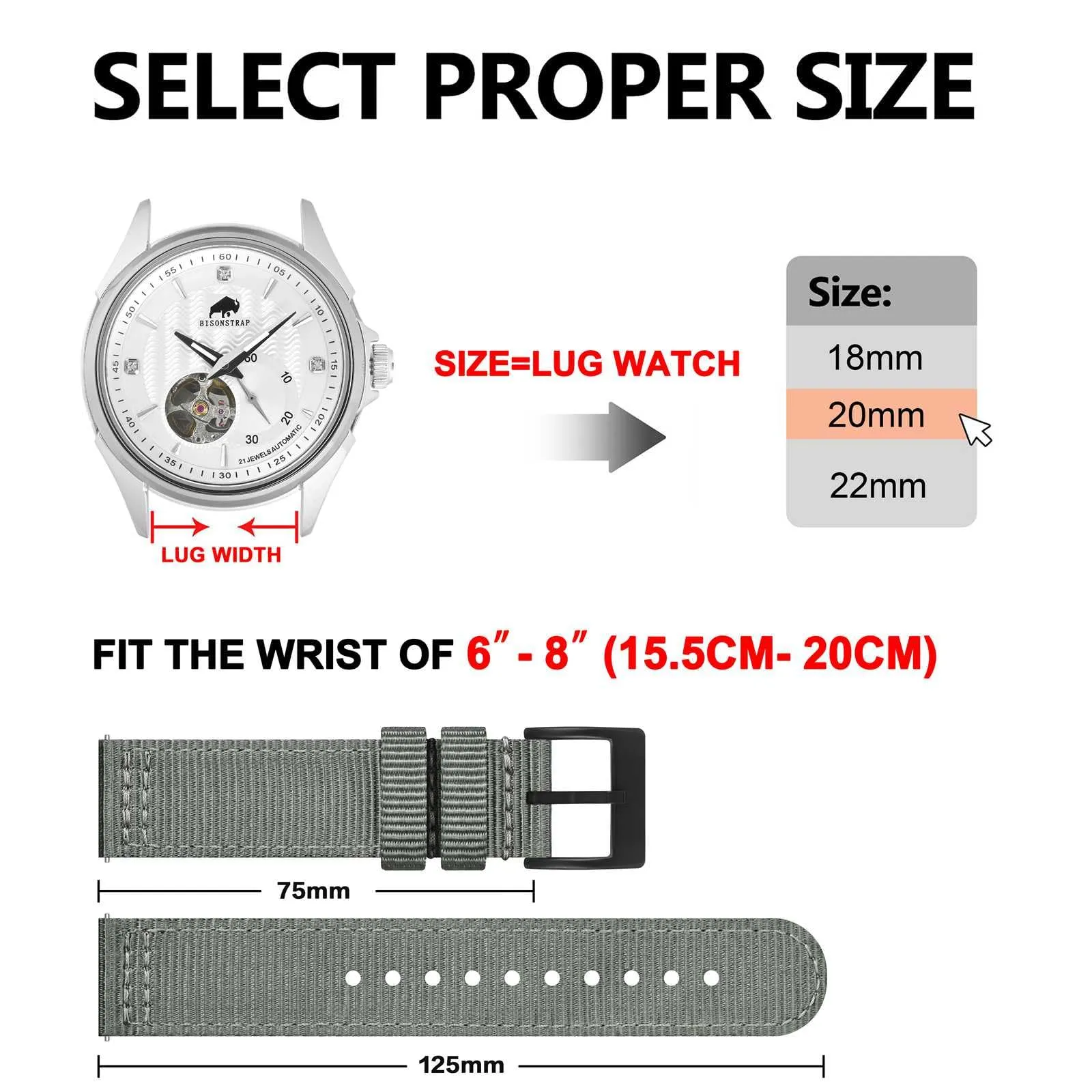 BISONSTRAP Cinturino in Nylon per Orologi Militari, Sgancio Rapido, 18mm, Grigio (Fibbia Nera) - immagine 5