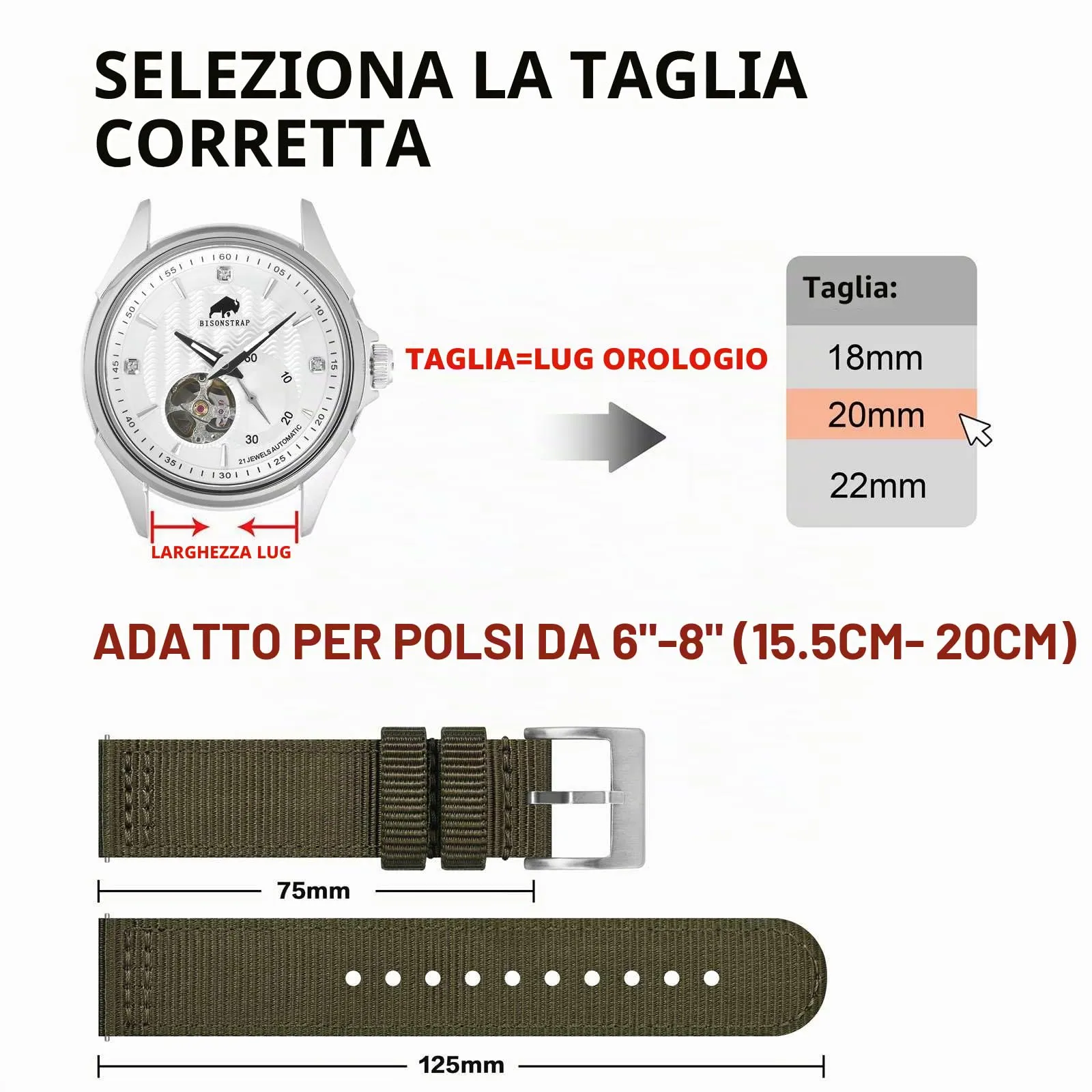 BISONSTRAP Cinturino in Nylon per Orologi Militari, Sgancio Rapido, Fibbia Spazzolata, 18mm, Verde Militare (Fibbia Argento) - immagine 5