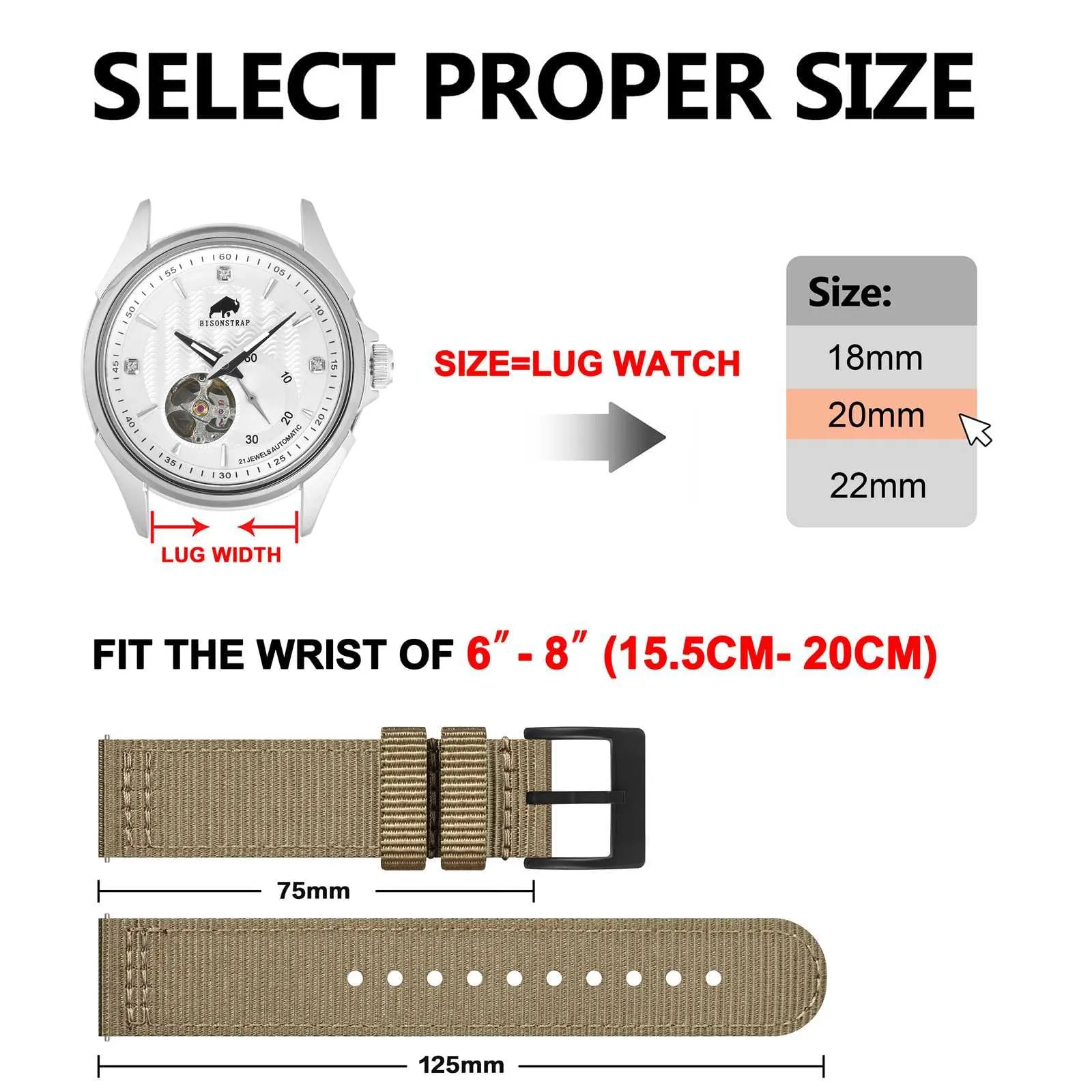 BISONSTRAP Cinturino in Nylon da Uomo per Orologi Militari, Sgancio Rapido, Fibbia Spazzolata, 19mm, Kaki (Fibbia Nera) - immagine 5