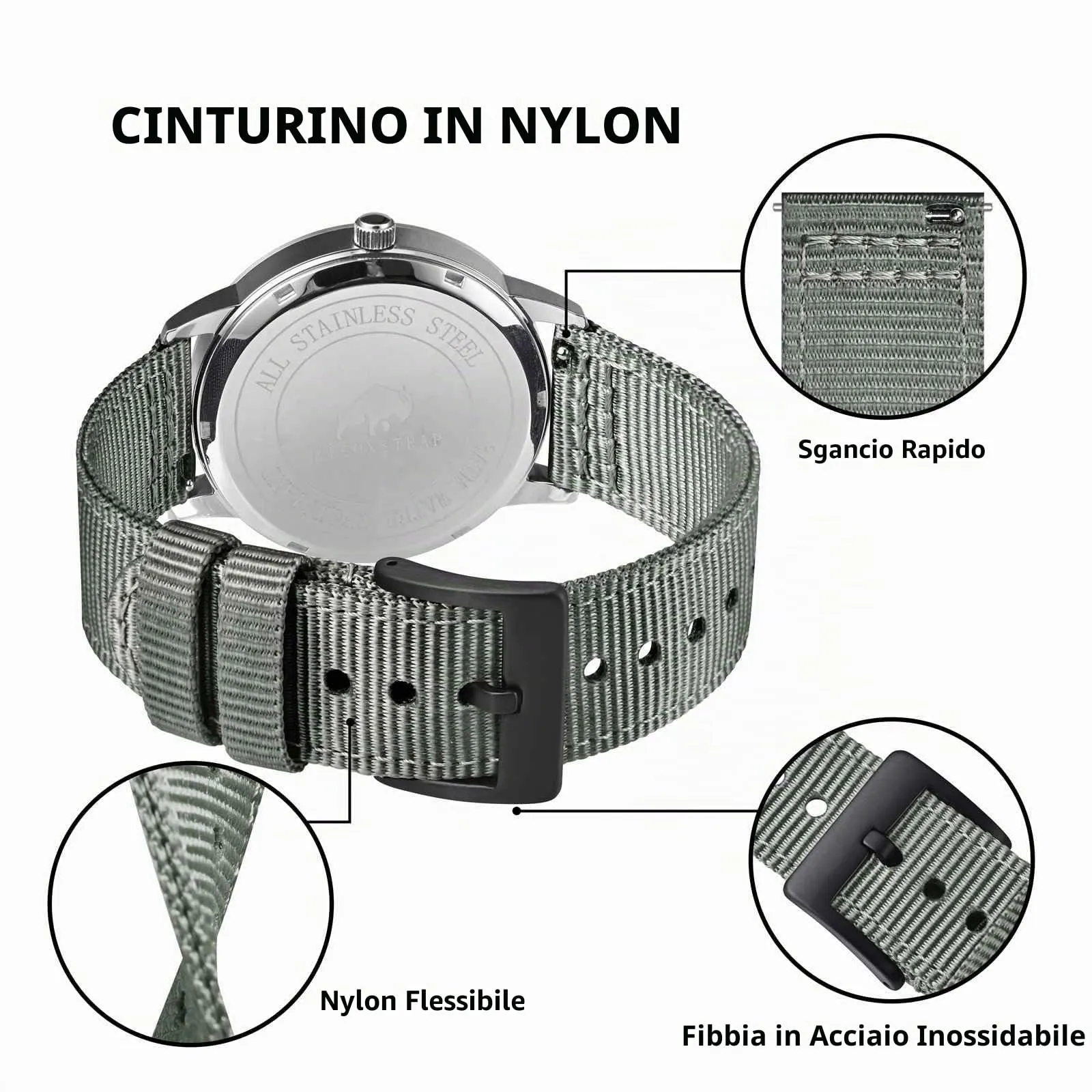 BISONSTRAP Cinturino in Nylon da Uomo per Orologi Militari, Sgancio Rapido, Fibbia Spazzolata, 22mm, Grigio (Fibbia Nera) - immagine 4