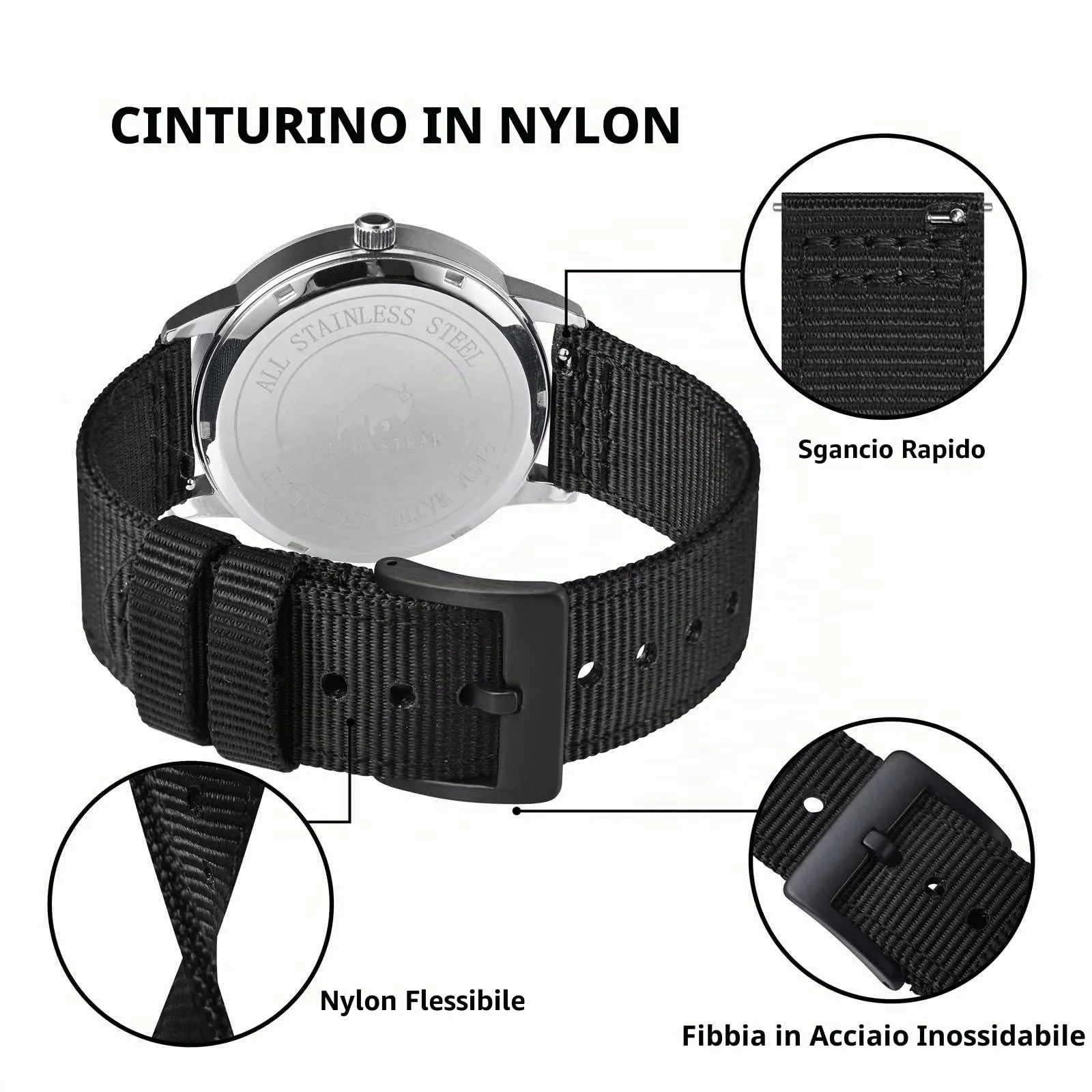 BISONSTRAP Cinturino in Nylon da Uomo per Orologi Militari, Sgancio Rapido, 22mm, Nero - immagine 4