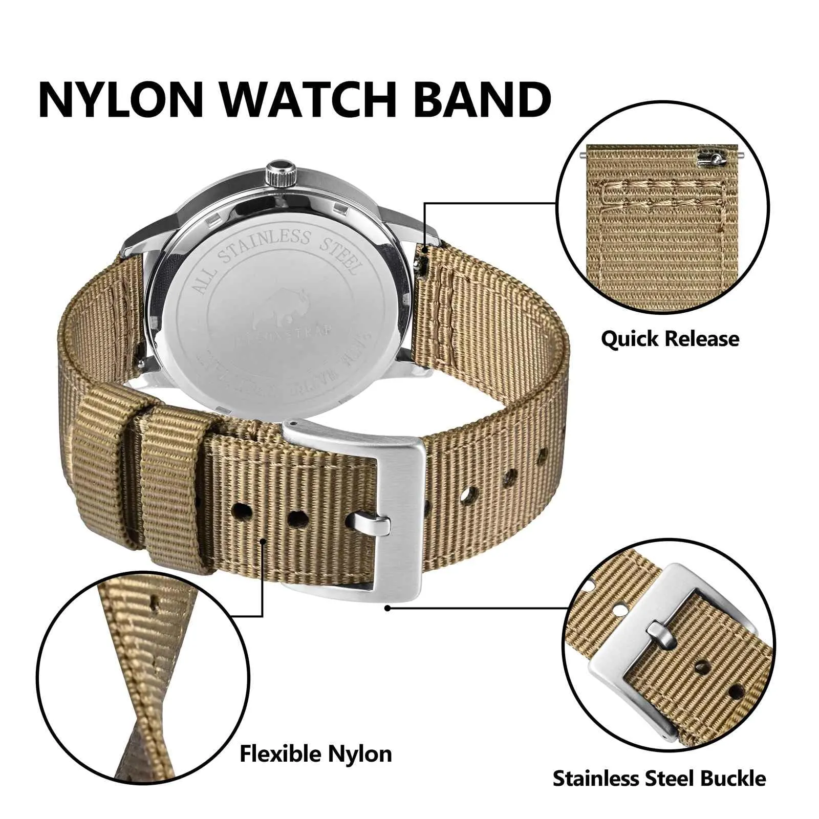 BISONSTRAP Cinturino in Nylon da Uomo per Orologi Militari, Sgancio Rapido, 19mm, Kaki (Fibbia Argento) - immagine 4