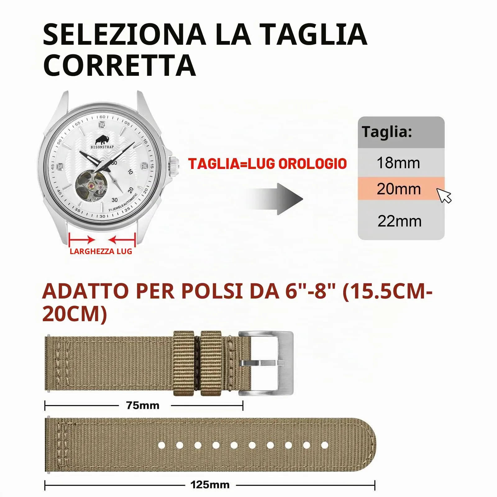 BISONSTRAP Cinturino in Nylon da Uomo per Orologi Militari, Sgancio Rapido, 19mm, Kaki (Fibbia Argento) - immagine 5