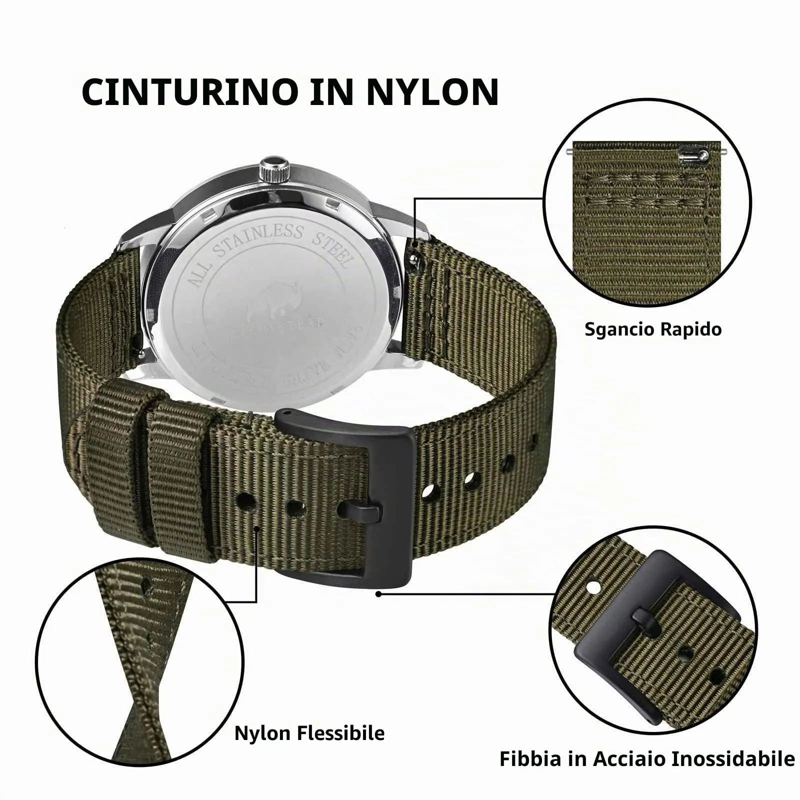 BISONSTRAP Cinturino in Nylon da Uomo per Orologi Militari, Sgancio Rapido, Fibbia Spazzolata, 18mm, Verde Militare (Fibbia Nera) - immagine 4