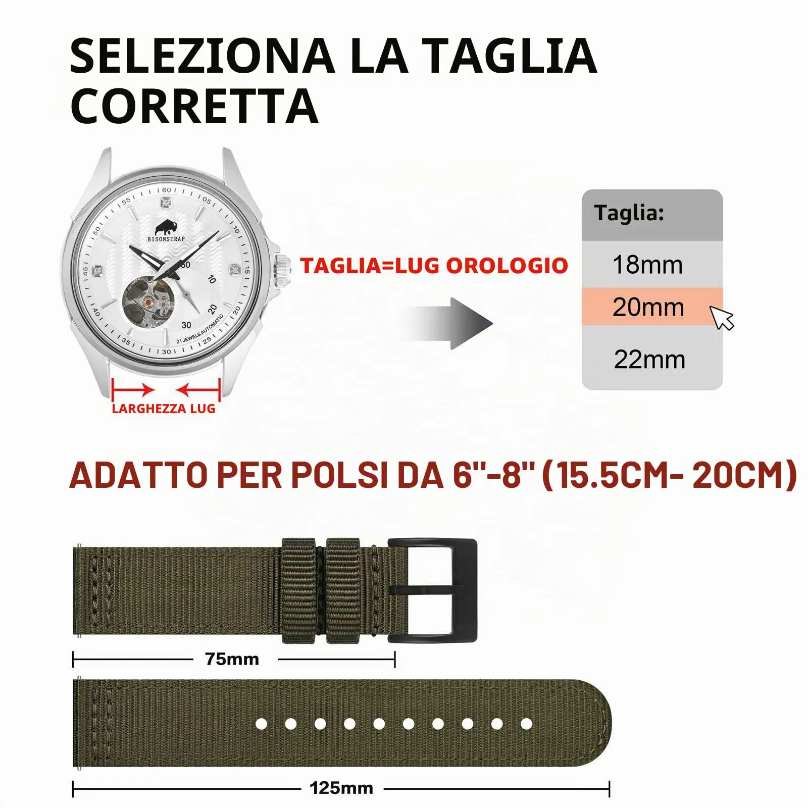 BISONSTRAP Cinturino in Nylon da Uomo per Orologi Militari, Sgancio Rapido, Fibbia Spazzolata, 19mm, Verde Militare (Fibbia Nera) - immagine 5