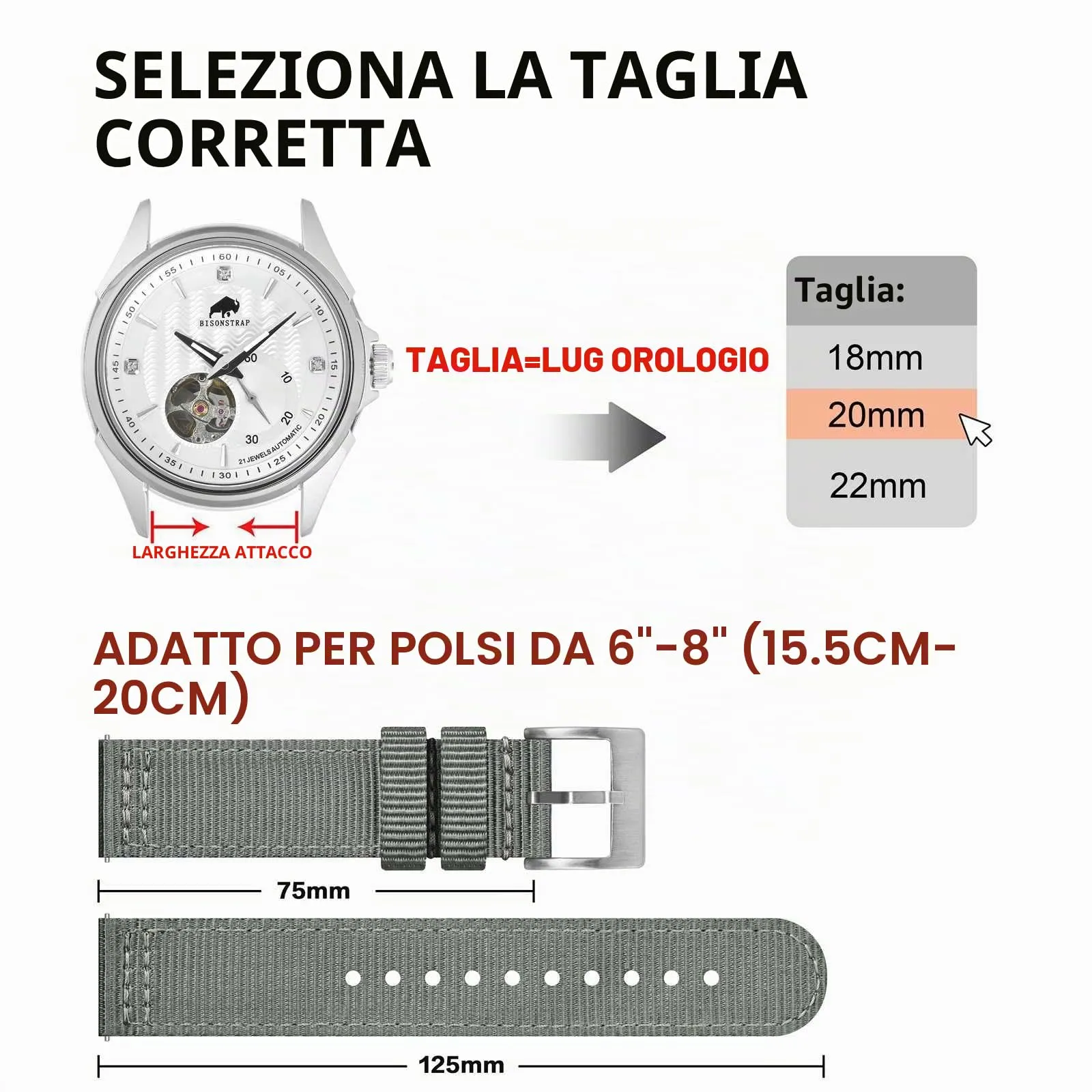 BISONSTRAP Cinturino in Nylon da Uomo per Orologi Militari, Sgancio Rapido, Fibbia Spazzolata, 18mm, Grigio - immagine 5