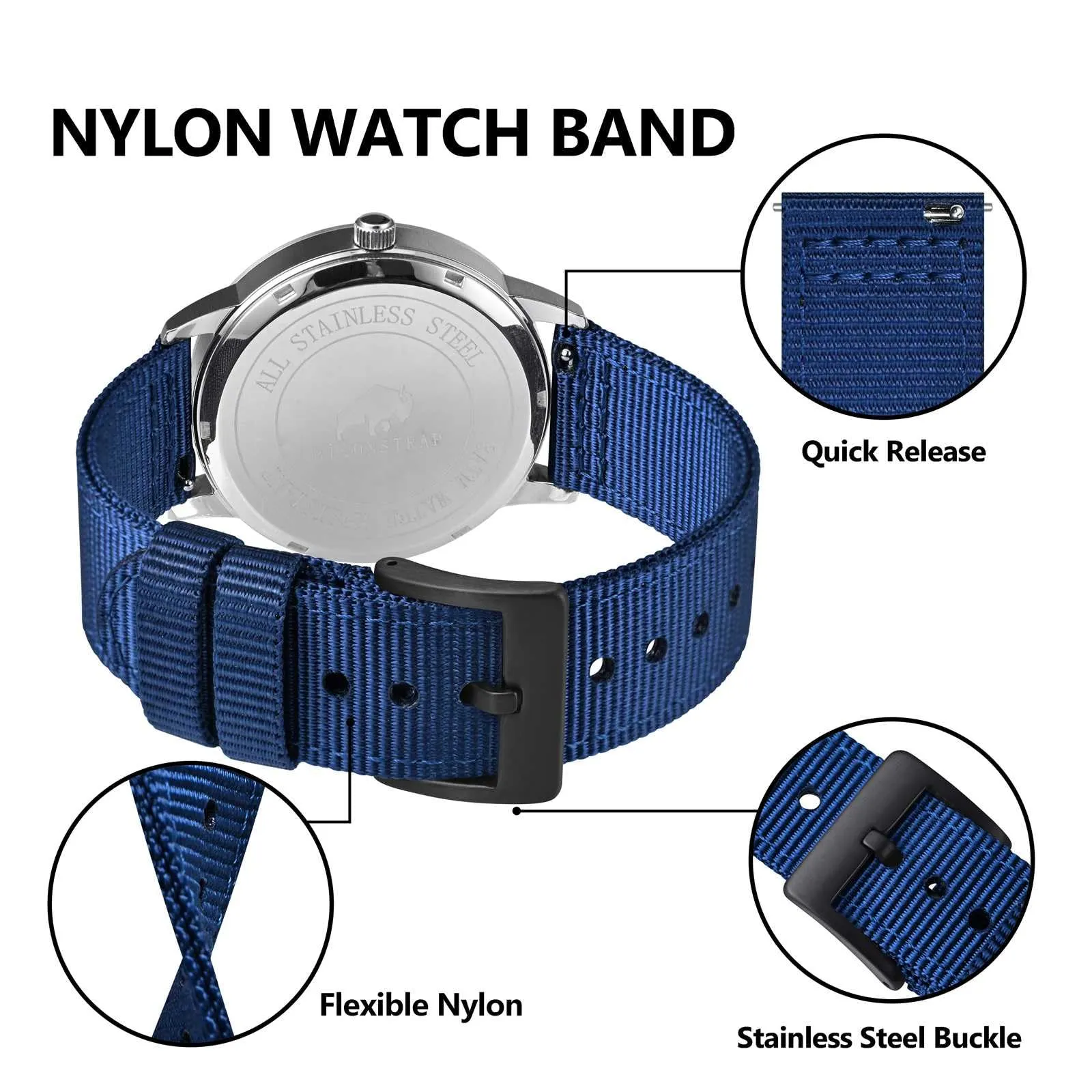 BISONSTRAP Cinturino in Nylon da Uomo per Orologi Militari, Sgancio Rapido, 19mm, Blu (Fibbia Nera) - immagine 4