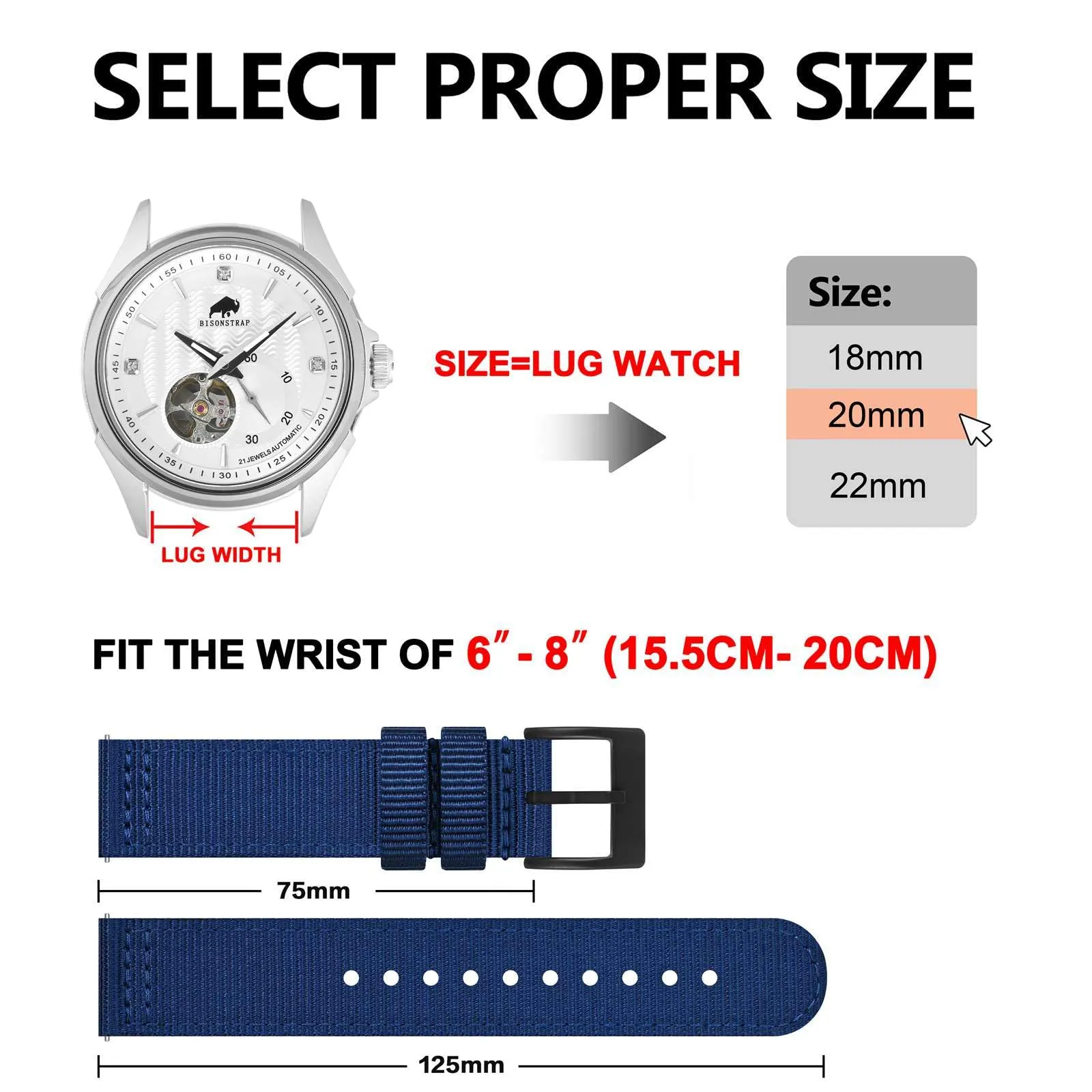 BISONSTRAP Cinturino in Nylon da Uomo per Orologi Militari, Sgancio Rapido, 19mm, Blu (Fibbia Nera) - immagine 5