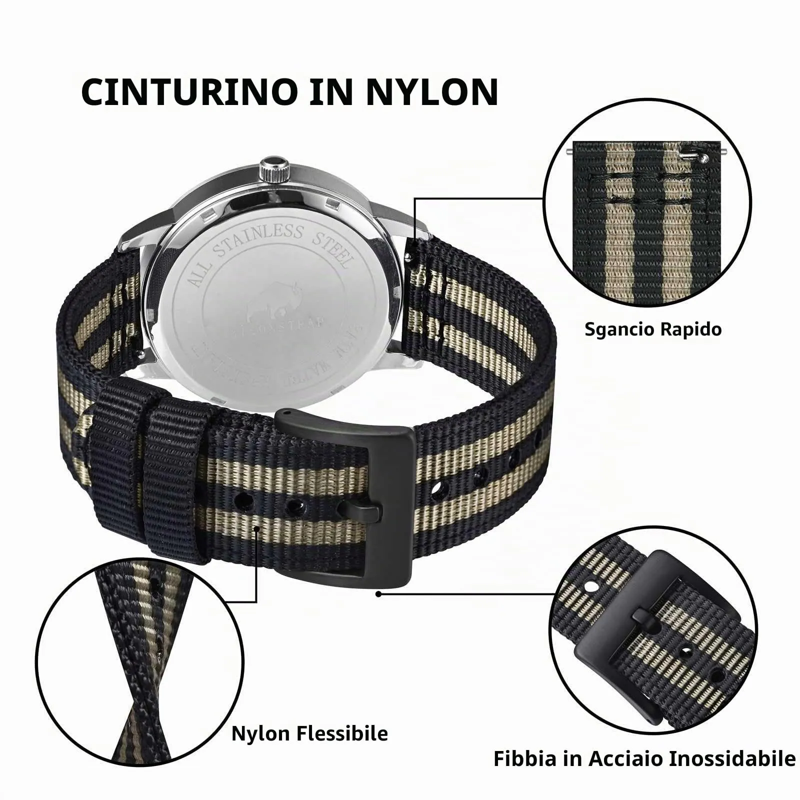 BISONSTRAP Cinturino in Nylon per Orologi Militari, Sgancio Rapido, Fibbia Spazzolata, 20mm, Nero+Grigio (Fibbia Nera) - immagine 4