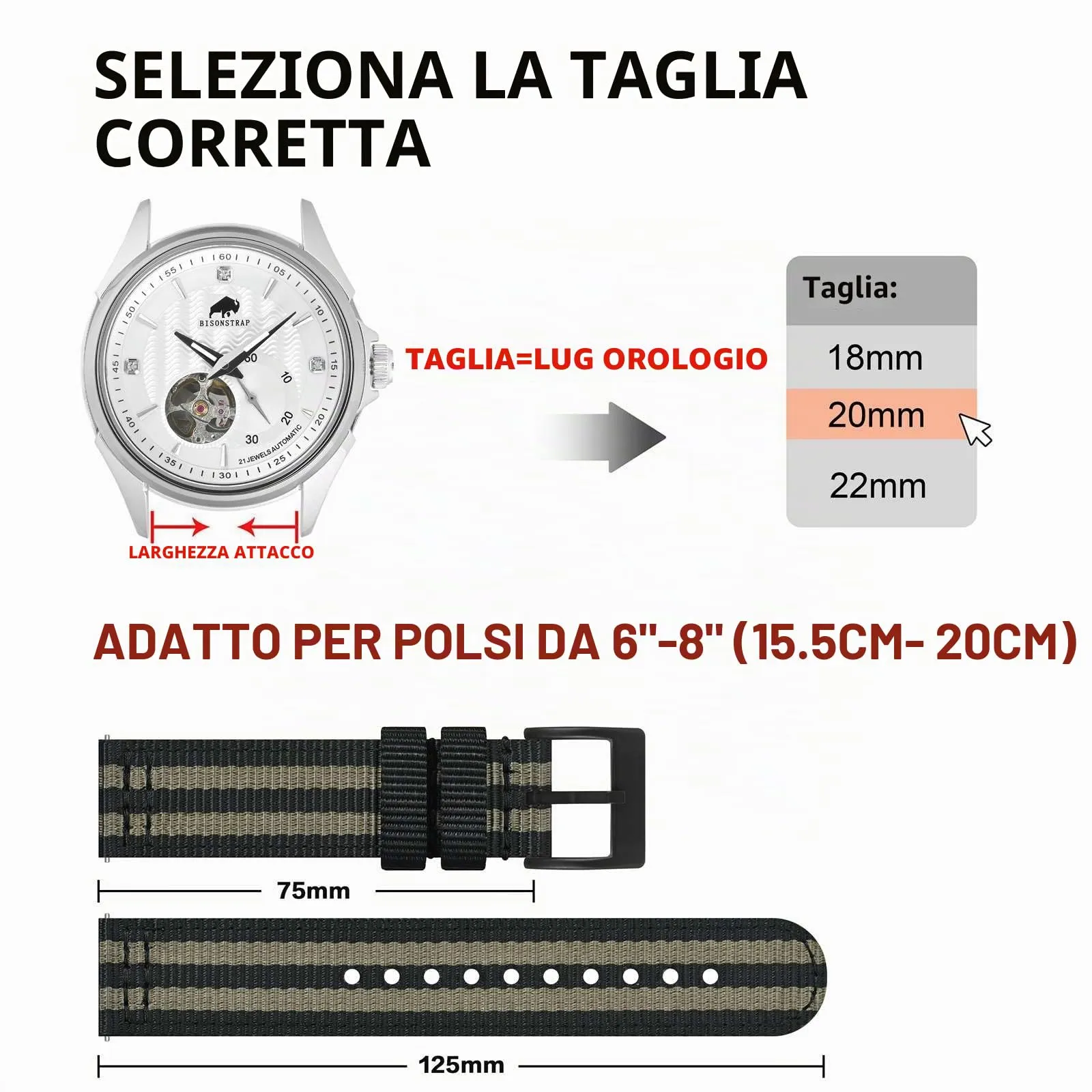 BISONSTRAP Cinturino in Nylon per Orologi Militari, Sgancio Rapido, Fibbia Spazzolata, 20mm, Nero+Grigio (Fibbia Nera) - immagine 5
