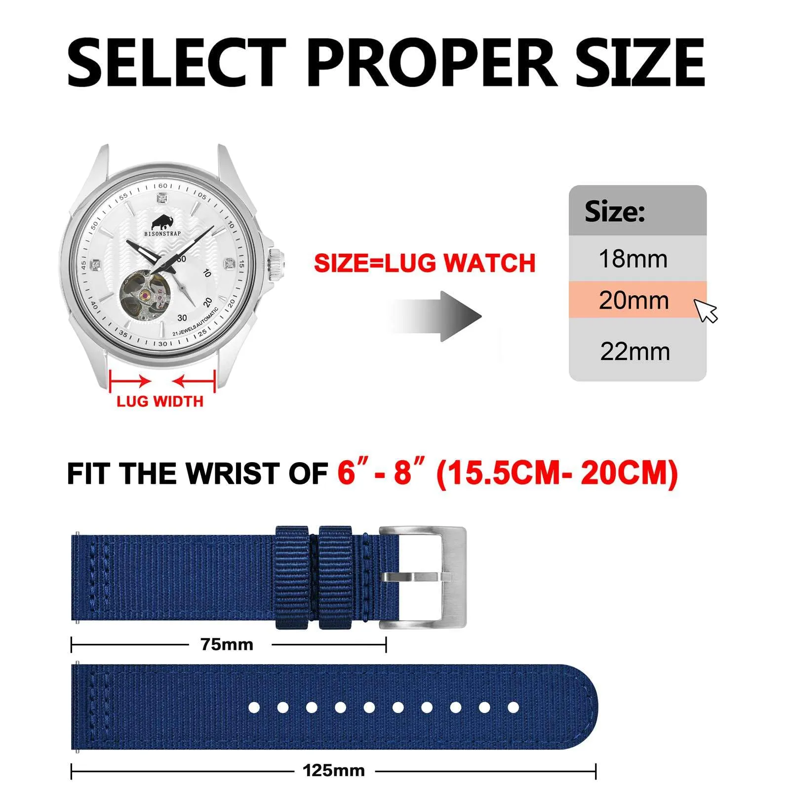 BISONSTRAP Cinturino in Nylon da Uomo per Orologi Militari, Sgancio Rapido, Fibbia Spazzolata, 24mm, Blu (Fibbia Argento) - immagine 5