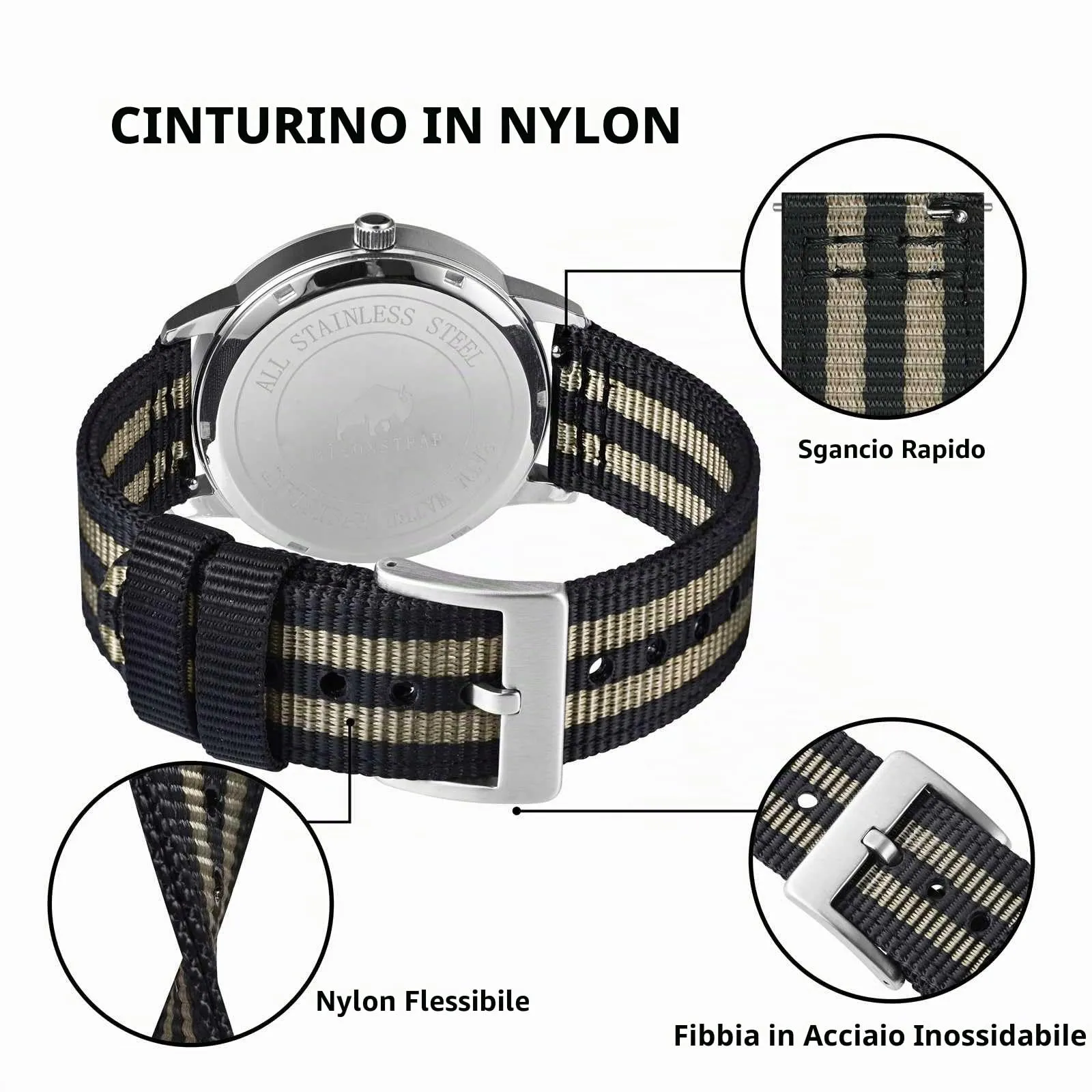 BISONSTRAP Cinturino in Nylon per Orologi Militari, Sgancio Rapido, 22mm, Nero+Grigio (Fibbia Argento) - immagine 4