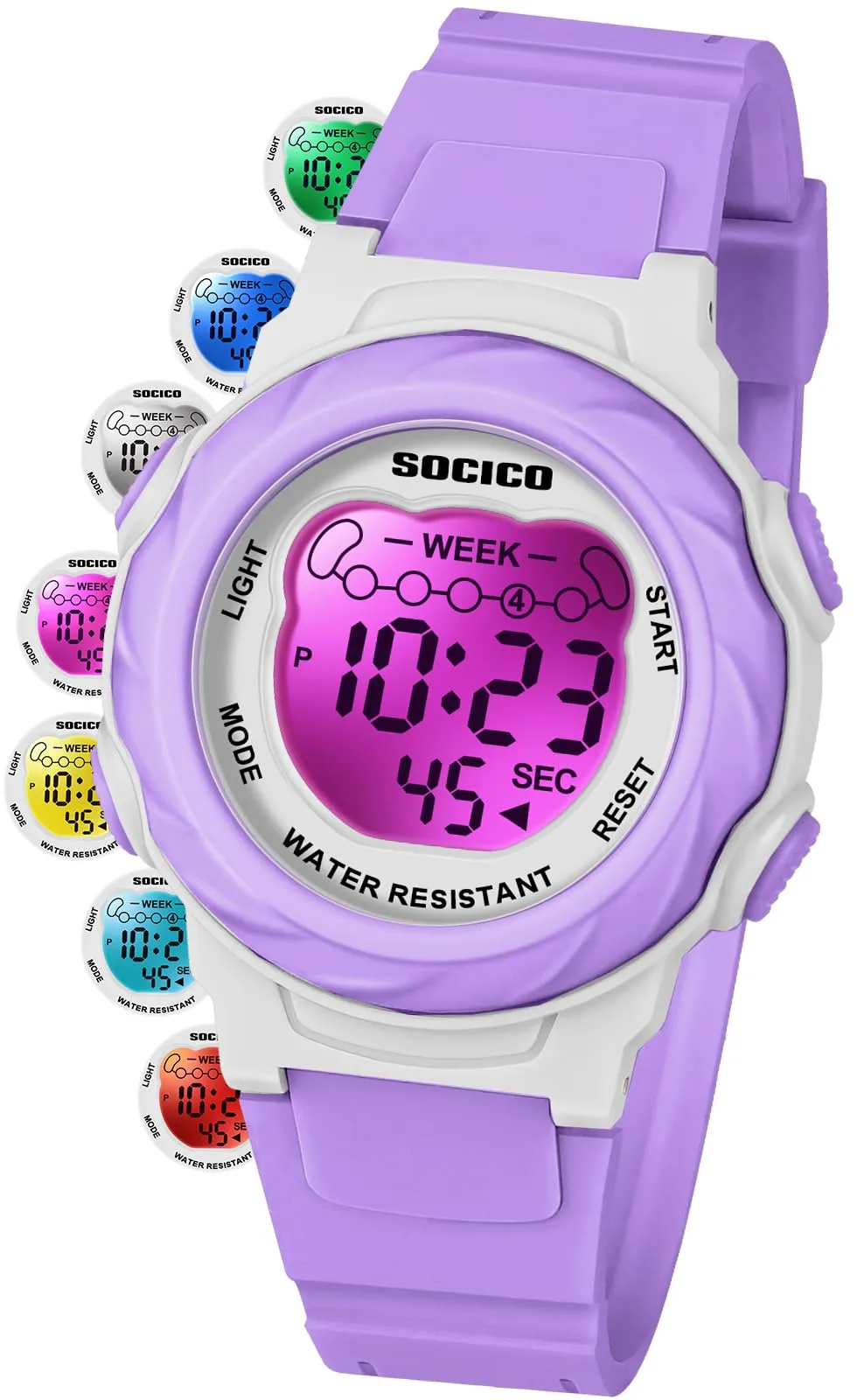 SOCICO Orologio Digitale Impermeabile 5ATM per Bambini con Luce a 7 Colori, Motivo Cartone Animato, Viola - immagine 1