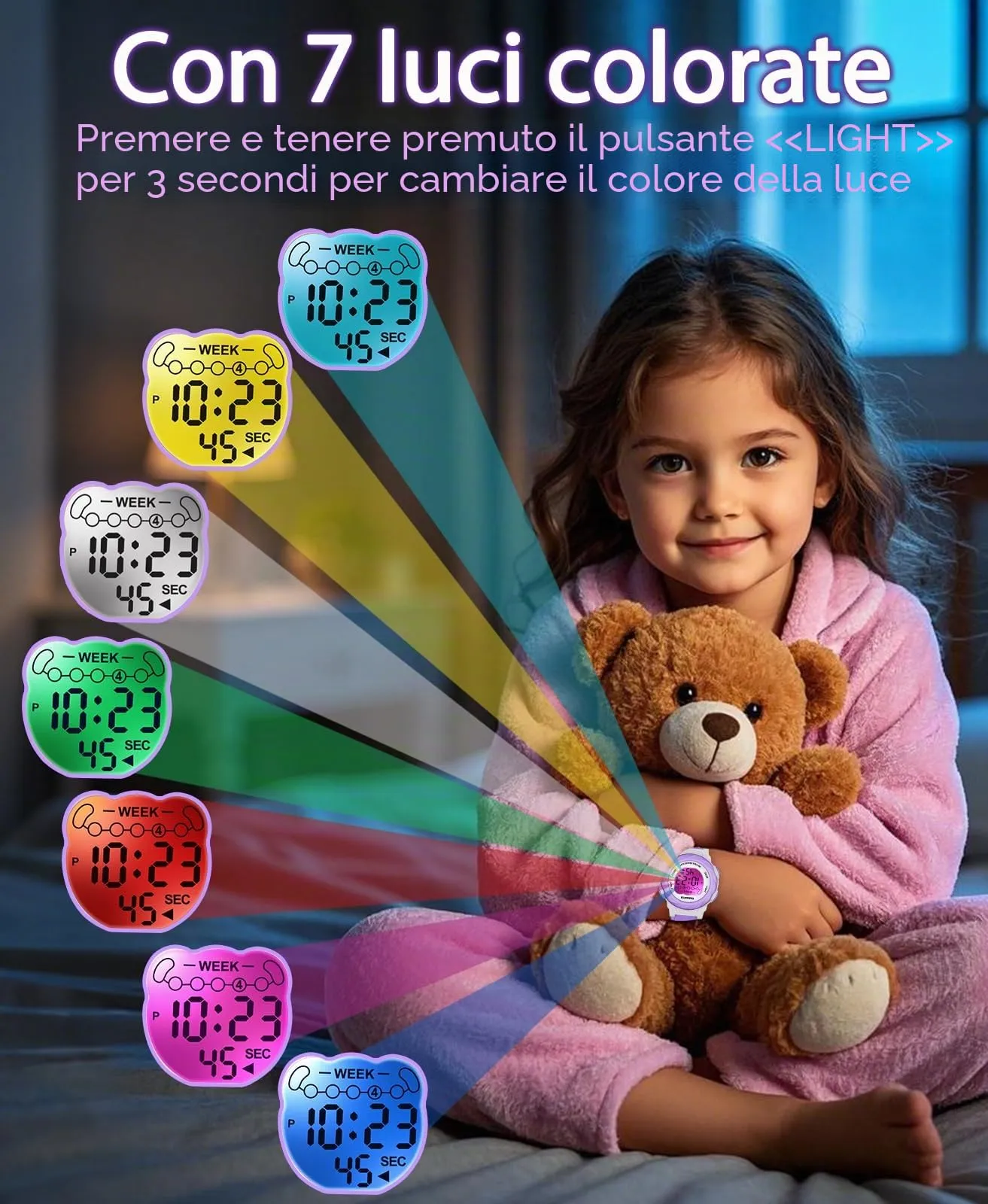 SOCICO Orologio Digitale Impermeabile 5ATM per Bambini con Luce a 7 Colori, Motivo Cartone Animato, Viola - immagine 2