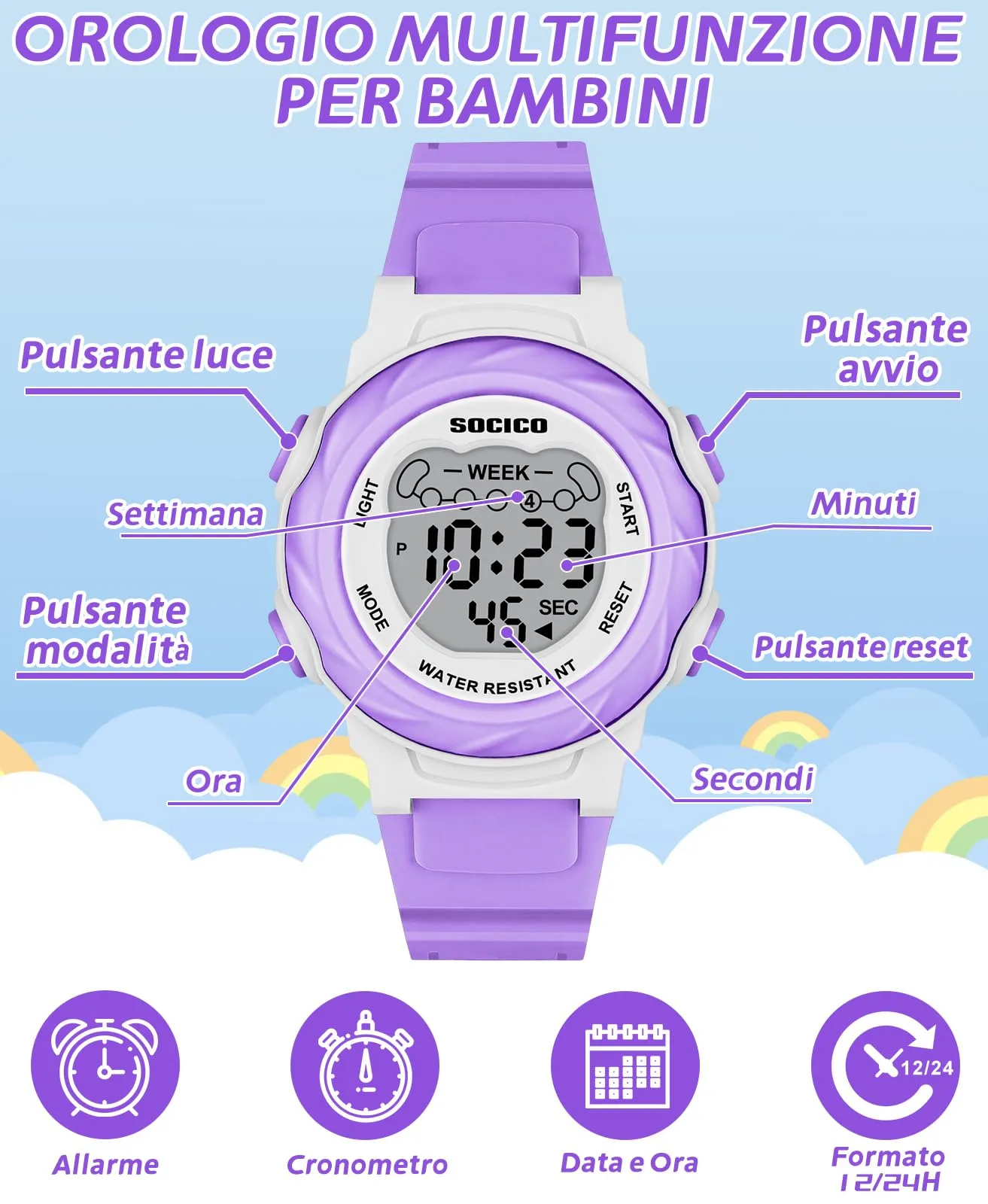 SOCICO Orologio Digitale Impermeabile 5ATM per Bambini con Luce a 7 Colori, Motivo Cartone Animato, Viola - immagine 3