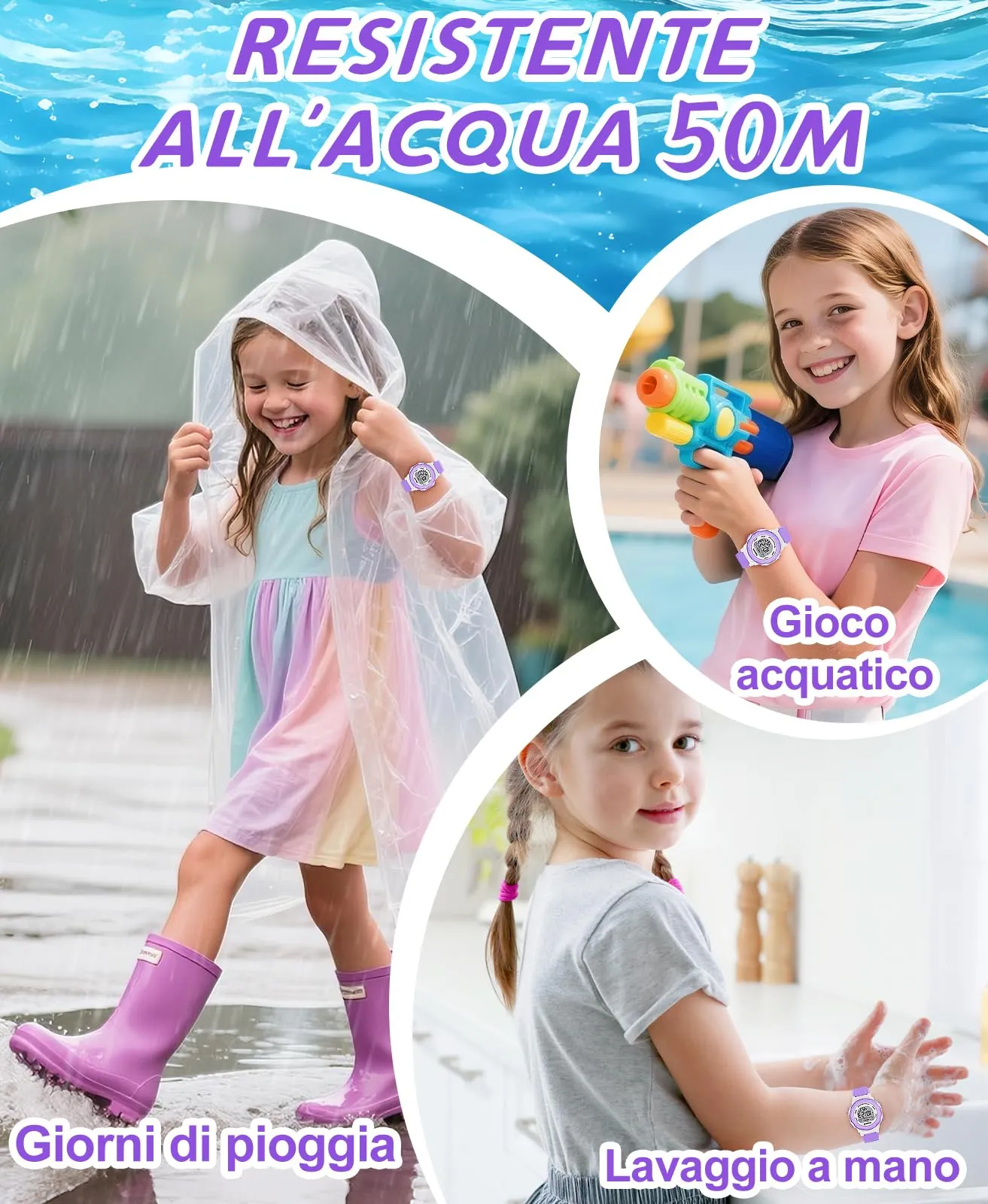 SOCICO Orologio Digitale Impermeabile 5ATM per Bambini con Luce a 7 Colori, Motivo Cartone Animato, Viola - immagine 4