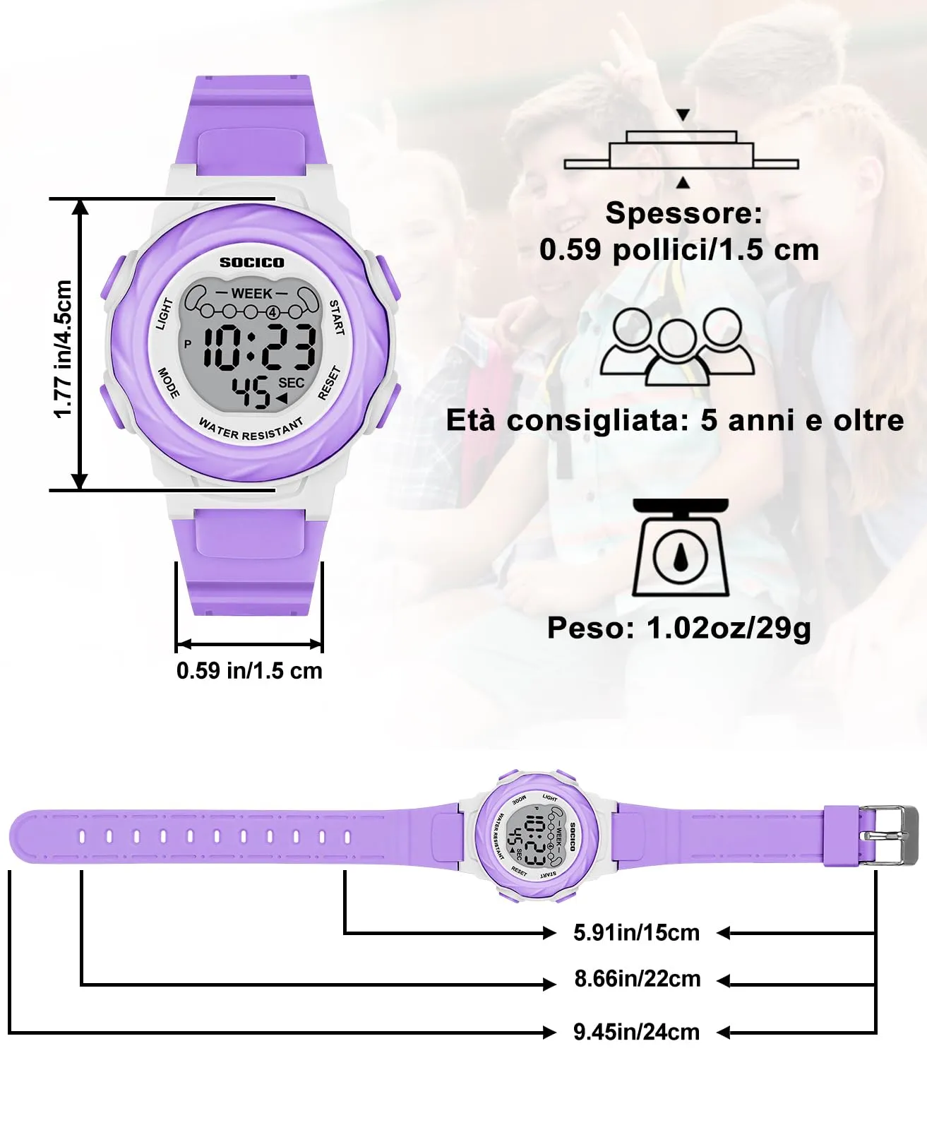 SOCICO Orologio Digitale Impermeabile 5ATM per Bambini con Luce a 7 Colori, Motivo Cartone Animato, Viola - immagine 5